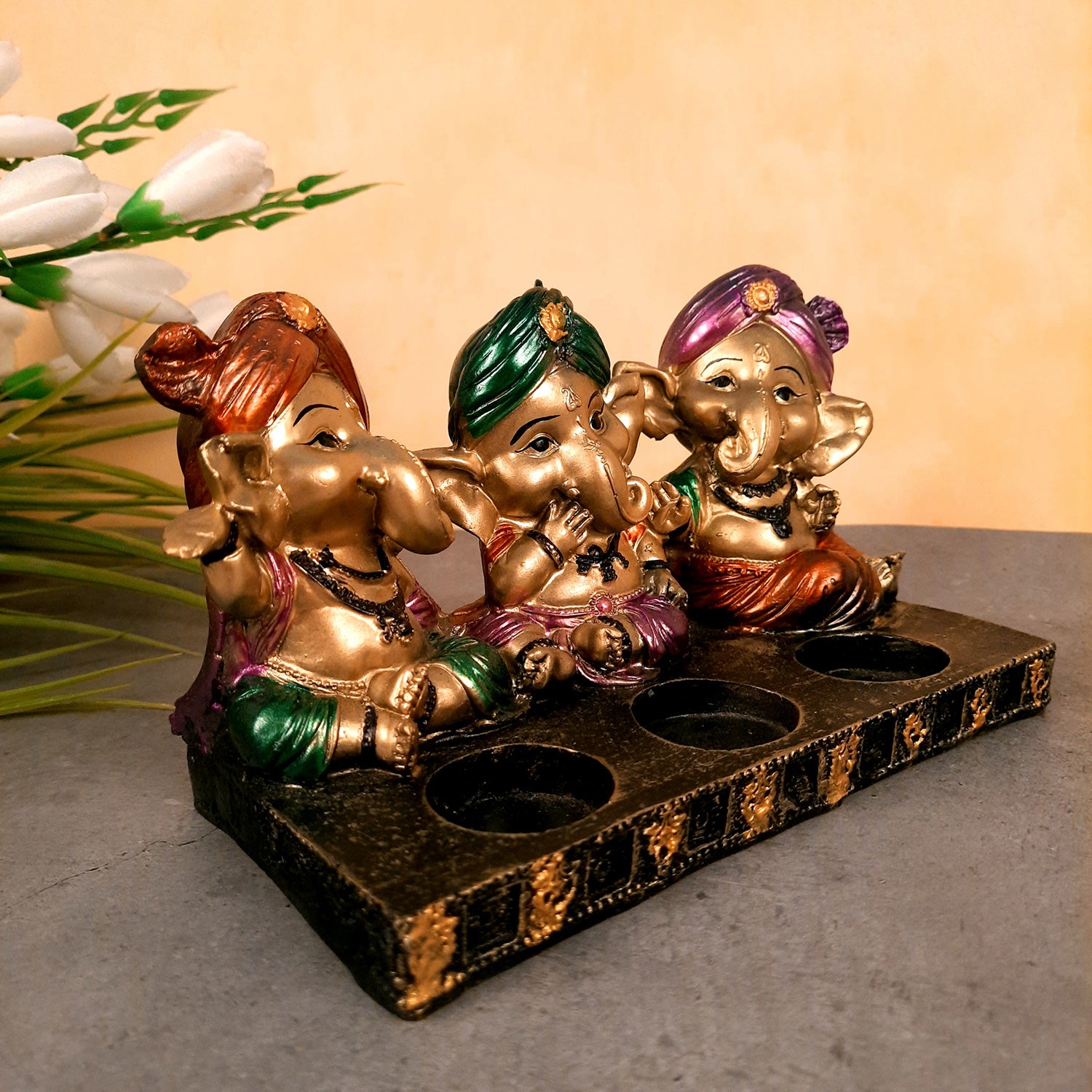 Ganpati Murti | Ganesha Candle Holder - For Home Decor & Gifts - 5 Inch- Apkamart #Color_Golden