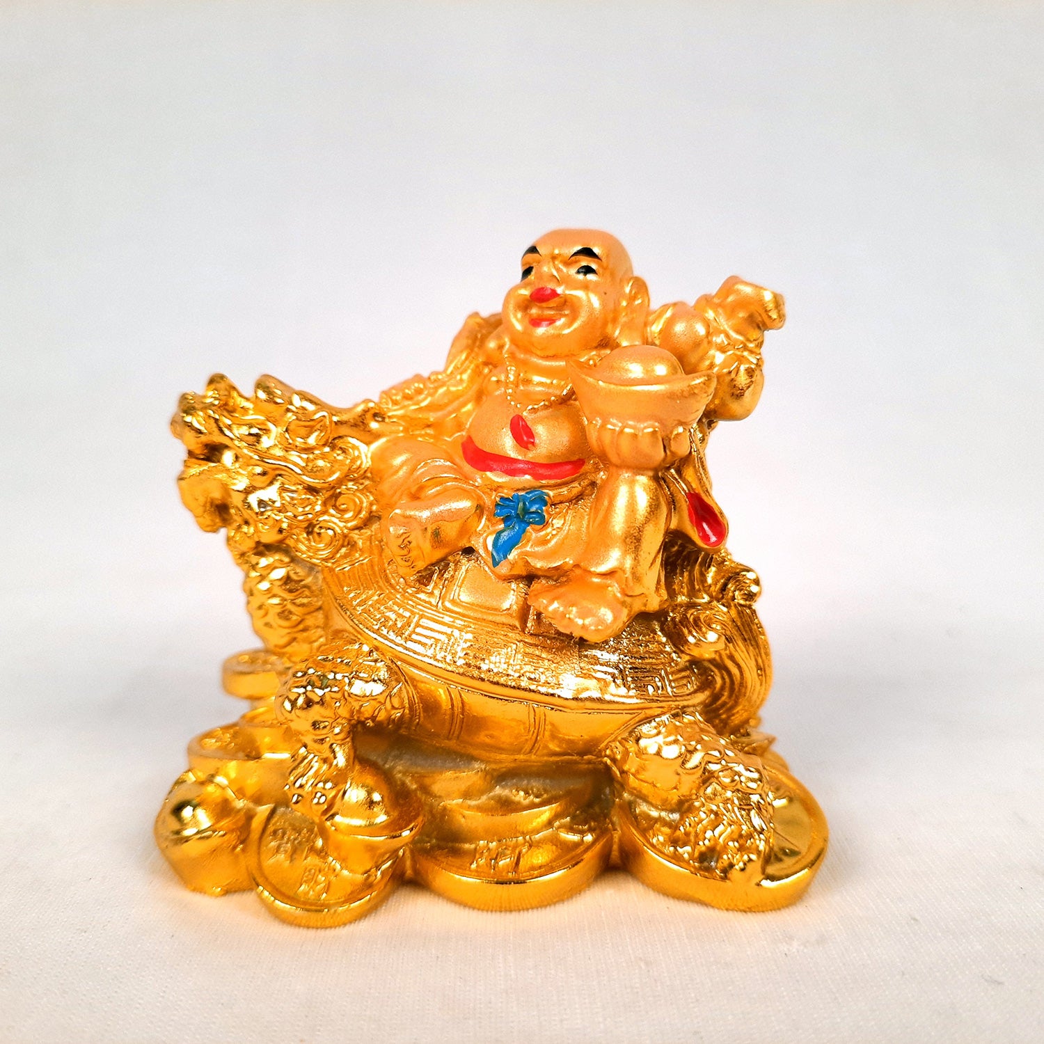 Laughing Buddha Showpiece With Money Bag | Laughing Buddha Sitting on Tortoise Small Showpiece - for Good Luck, Home & Table Decor, Wealth, Prosperity & Gift - 3 Inch