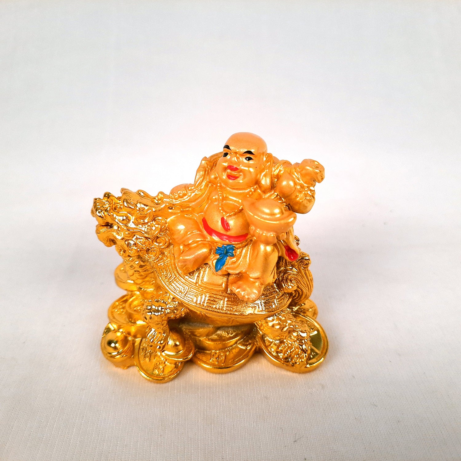 Laughing Buddha Showpiece With Money Bag | Laughing Buddha Sitting on Tortoise Small Showpiece - for Good Luck, Home & Table Decor, Wealth, Prosperity & Gift - 3 Inch