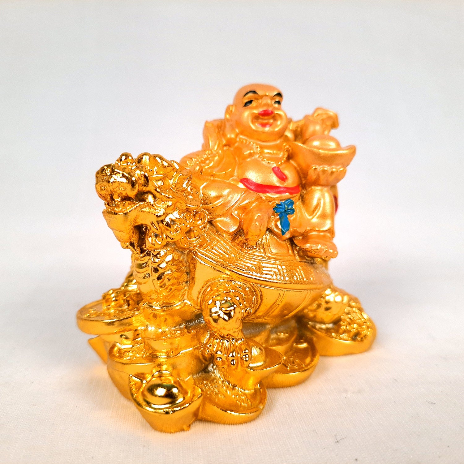 Laughing Buddha Showpiece With Money Bag | Laughing Buddha Sitting on Tortoise Small Showpiece - for Good Luck, Home & Table Decor, Wealth, Prosperity & Gift - 3 Inch