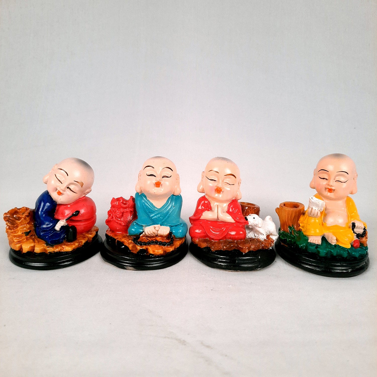 Buddha Baby Monk Showpiece | Feng Shui Decor - For Car Dashboard, Good Luck, Home, Table, Office Decor & Gift - 3 Inch (Set of 4) - Apkamart