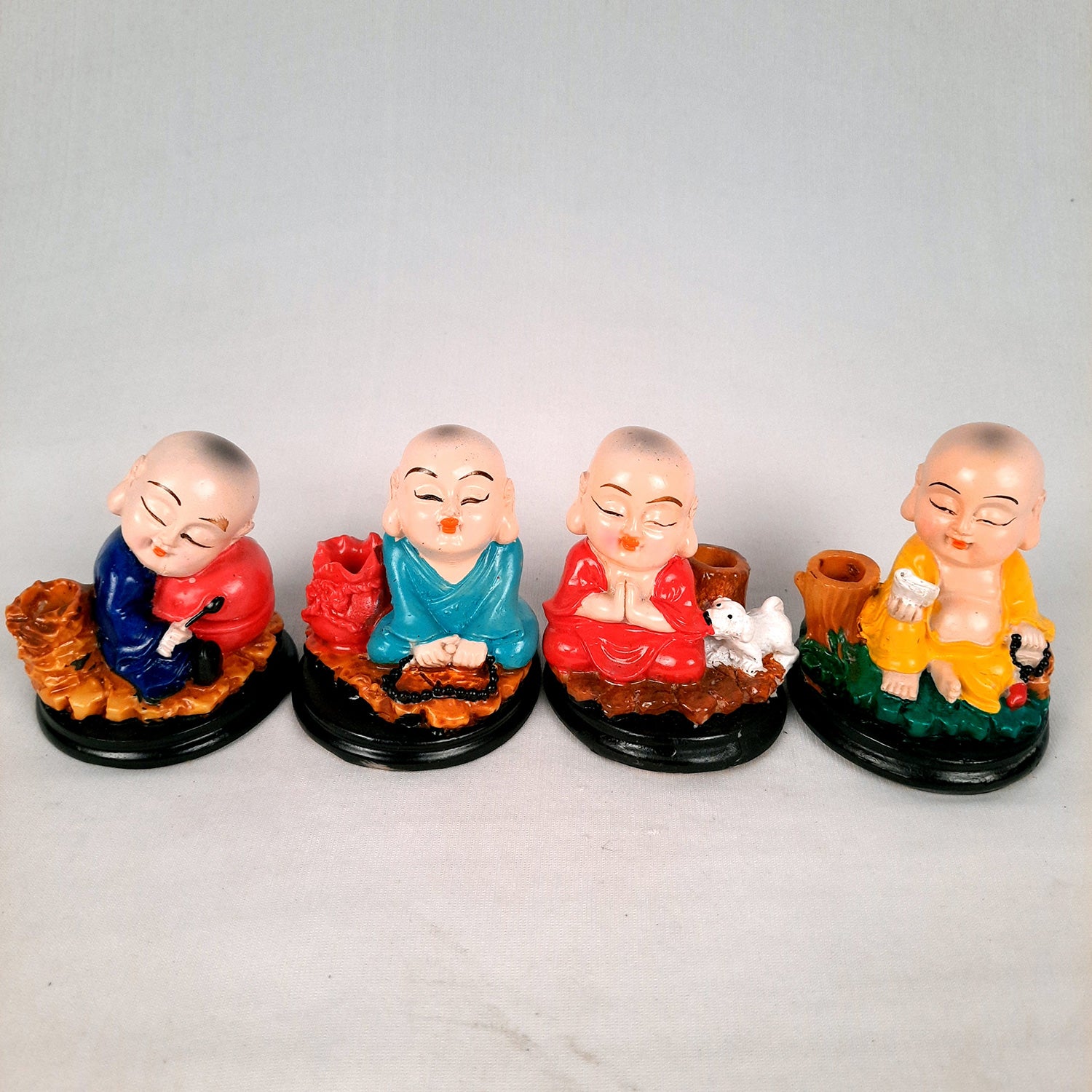 Buddha Baby Monk Showpiece | Feng Shui Decor - For Car Dashboard, Good Luck, Home, Table, Office Decor & Gift - 3 Inch (Set of 4) - Apkamart