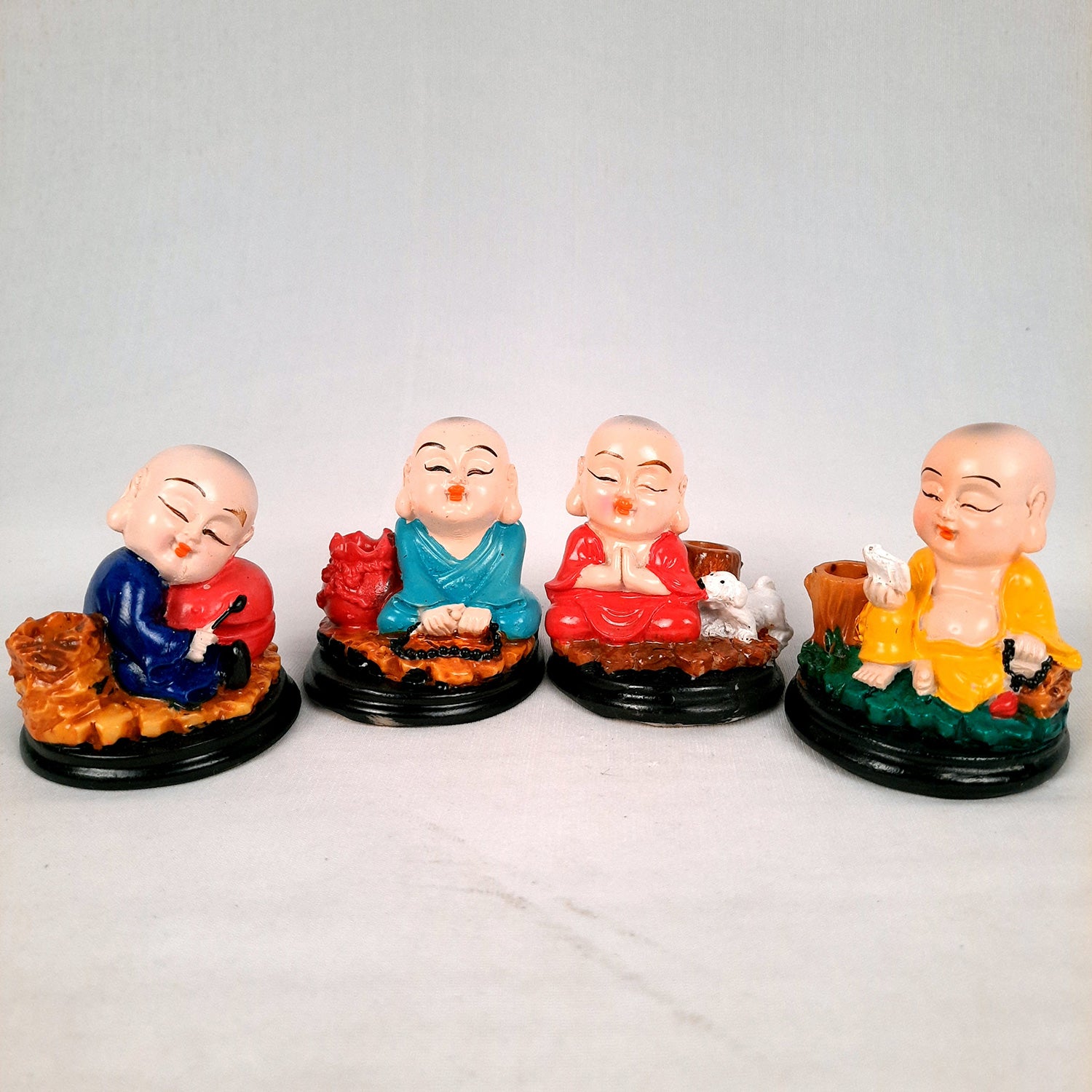 Buddha Baby Monk Showpiece | Feng Shui Decor - For Car Dashboard, Good Luck, Home, Table, Office Decor & Gift - 3 Inch (Set of 4) - Apkamart