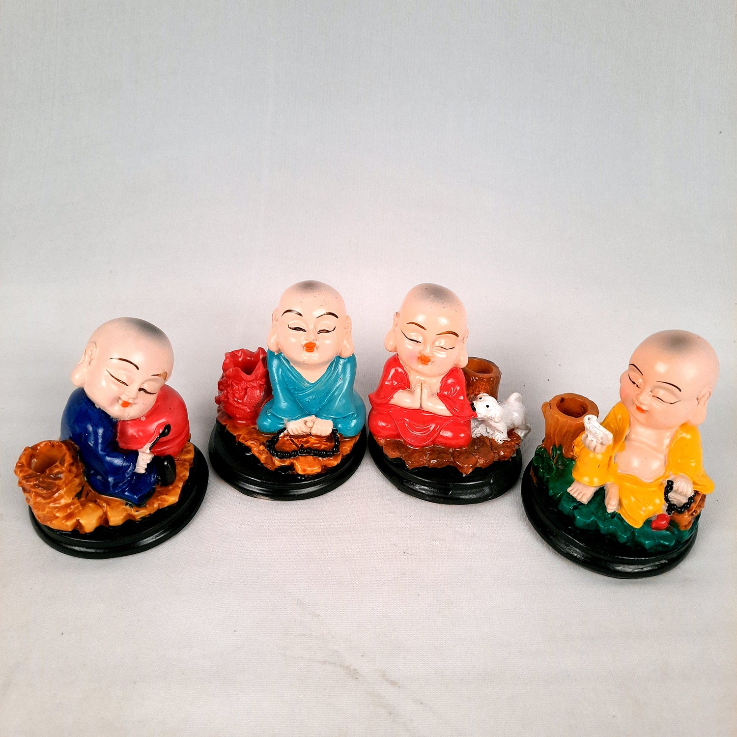 Buddha Baby Monk Showpiece | Feng Shui Decor - For Car Dashboard, Good Luck, Home, Table, Office Decor & Gift - 3 Inch (Set of 4) - Apkamart