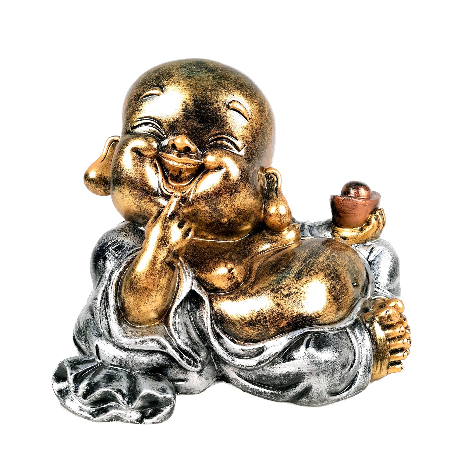 Laughing Buddha Showpiece With Money Bag | Feng Shui Rustic Baby Monk Statue - for Home & Table Decor, Health, Wealth & Gift - Apkamart