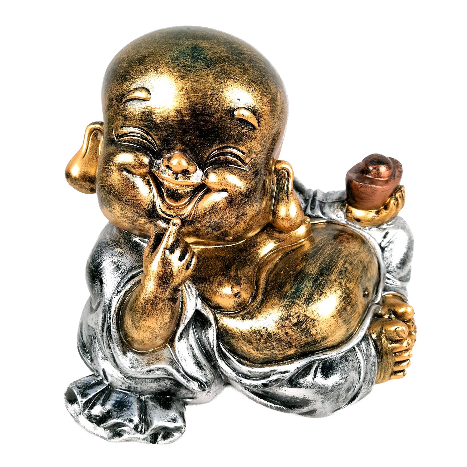 Laughing Buddha Showpiece With Money Bag | Feng Shui Rustic Baby Monk Statue - for Home & Table Decor, Health, Wealth & Gift - Apkamart