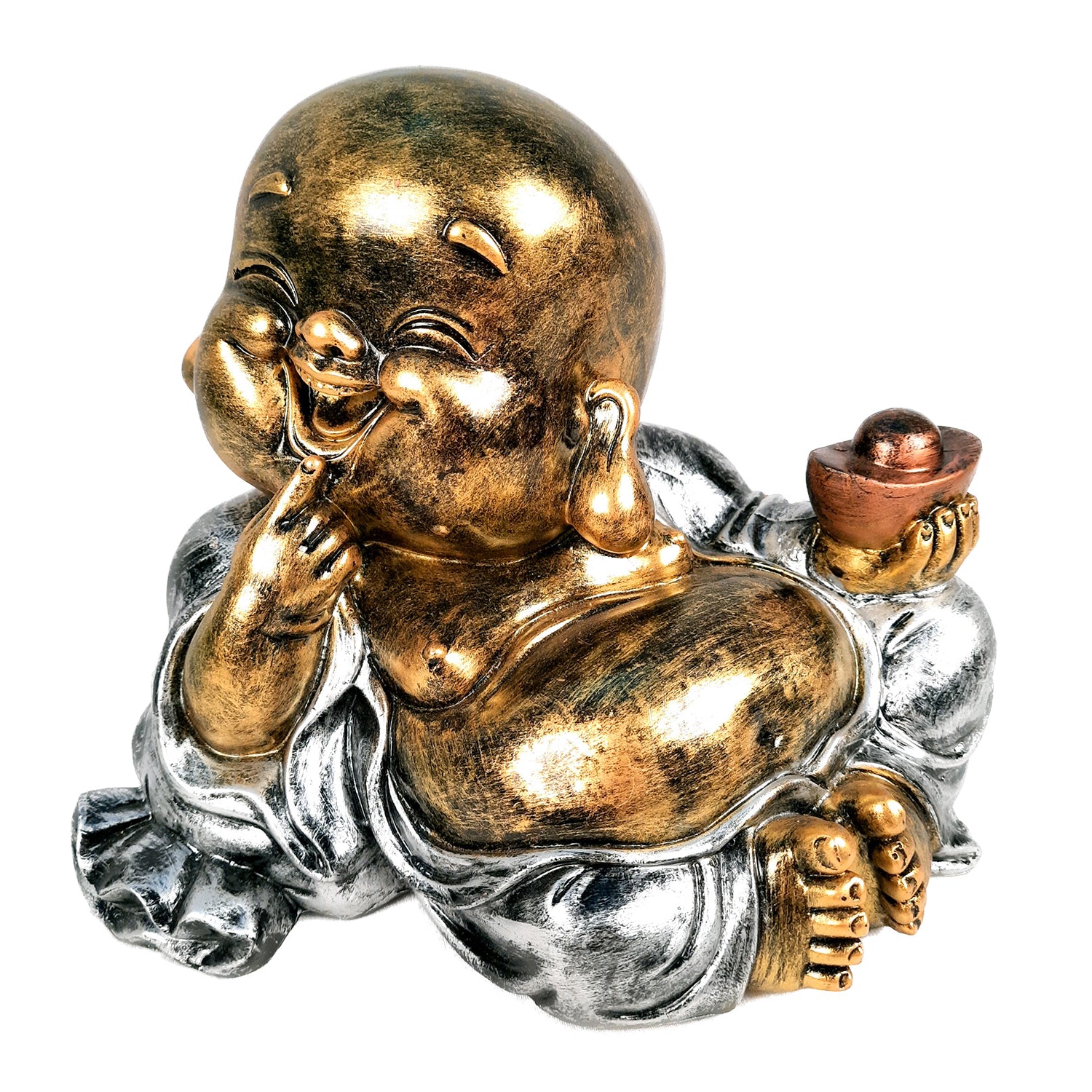 Laughing Buddha Showpiece With Money Bag | Feng Shui Rustic Baby Monk Statue - for Home & Table Decor, Health, Wealth & Gift - Apkamart