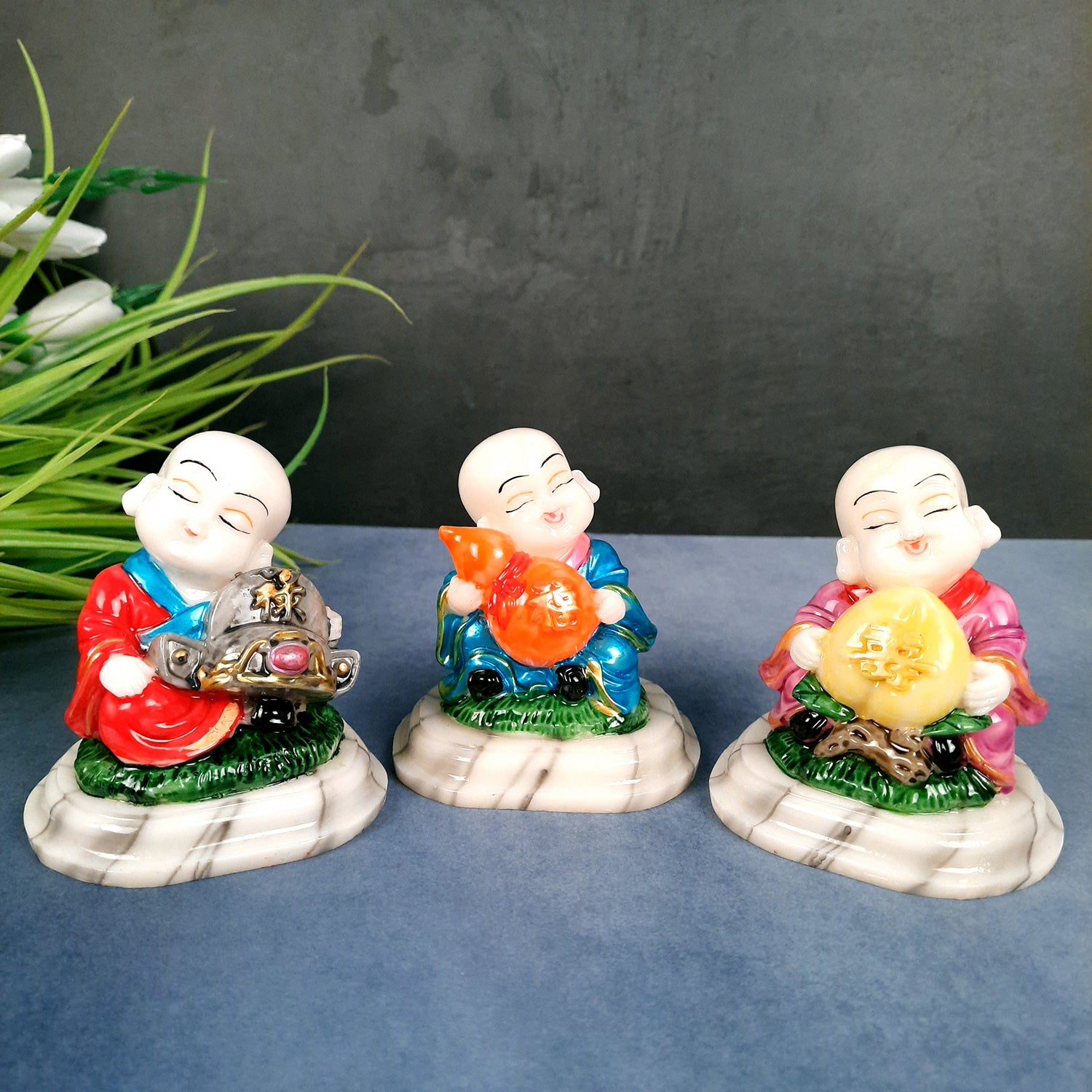 Buddha Baby Monk Showpiece | Feng Shui Decor - For Good Luck, Home, Table, Office Decor, Car Dashboard & Gift - 4 Inch (Set of 3) - Apkamart