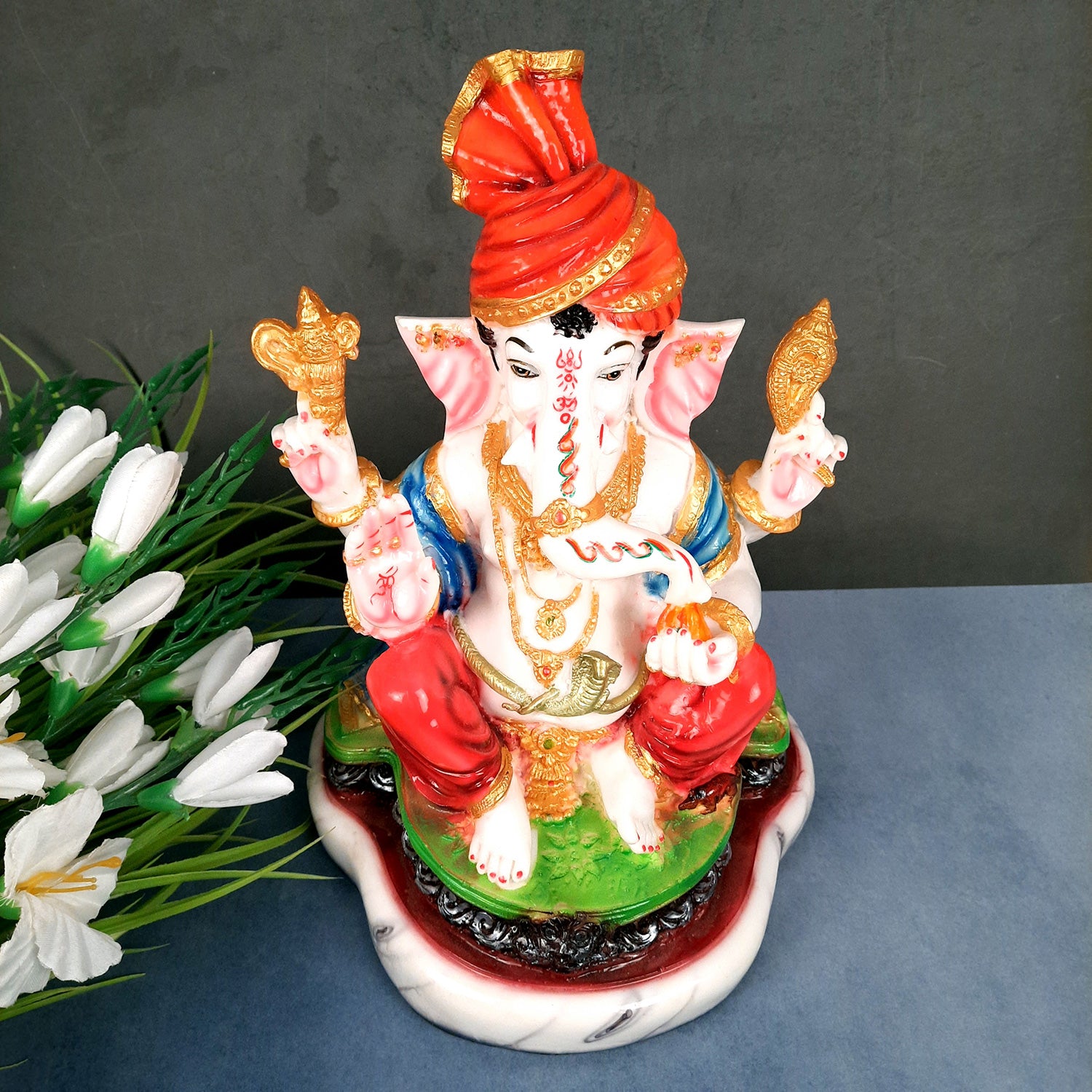 Ganesh Idol | Ganesha Statue Wearing Pagdi Design - for Pooja, Home & Table Decor | Ganpati Murti for Office Desk, Car Dashboard - 11 Inch - Apkamart