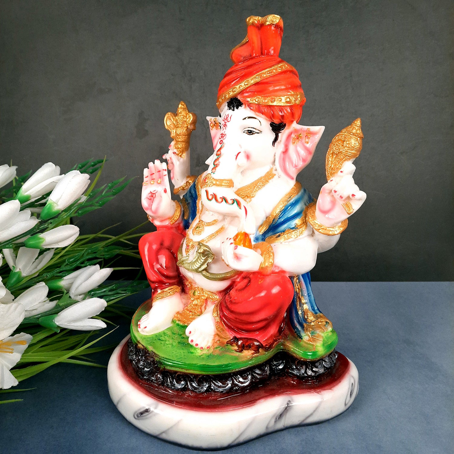Ganesh Idol | Ganesha Statue Wearing Pagdi Design - for Pooja, Home & Table Decor | Ganpati Murti for Office Desk, Car Dashboard - 11 Inch - Apkamart