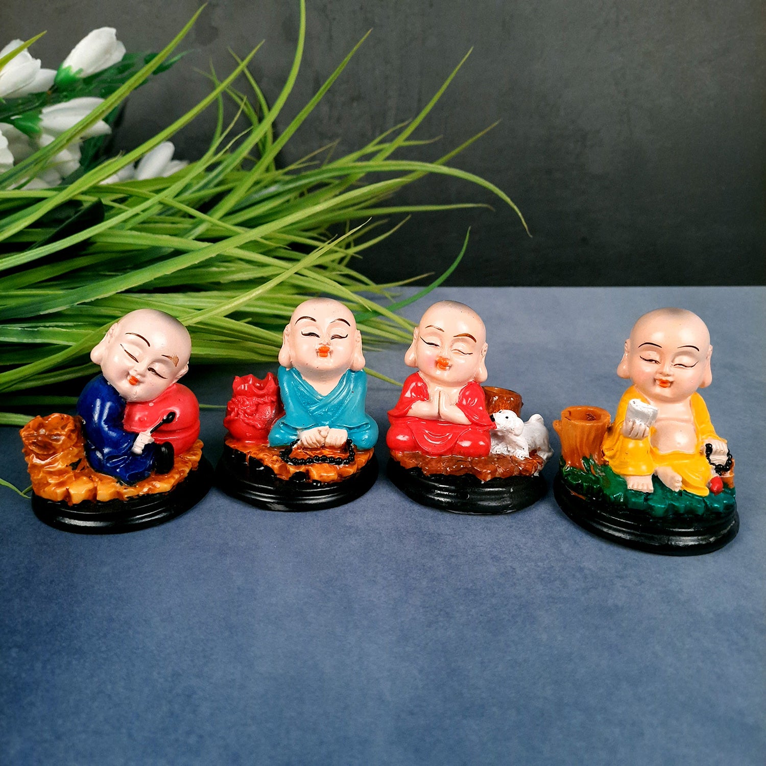 Buddha Baby Monk Showpiece | Feng Shui Decor - For Car Dashboard, Good Luck, Home, Table, Office Decor & Gift - 3 Inch (Set of 4) - Apkamart