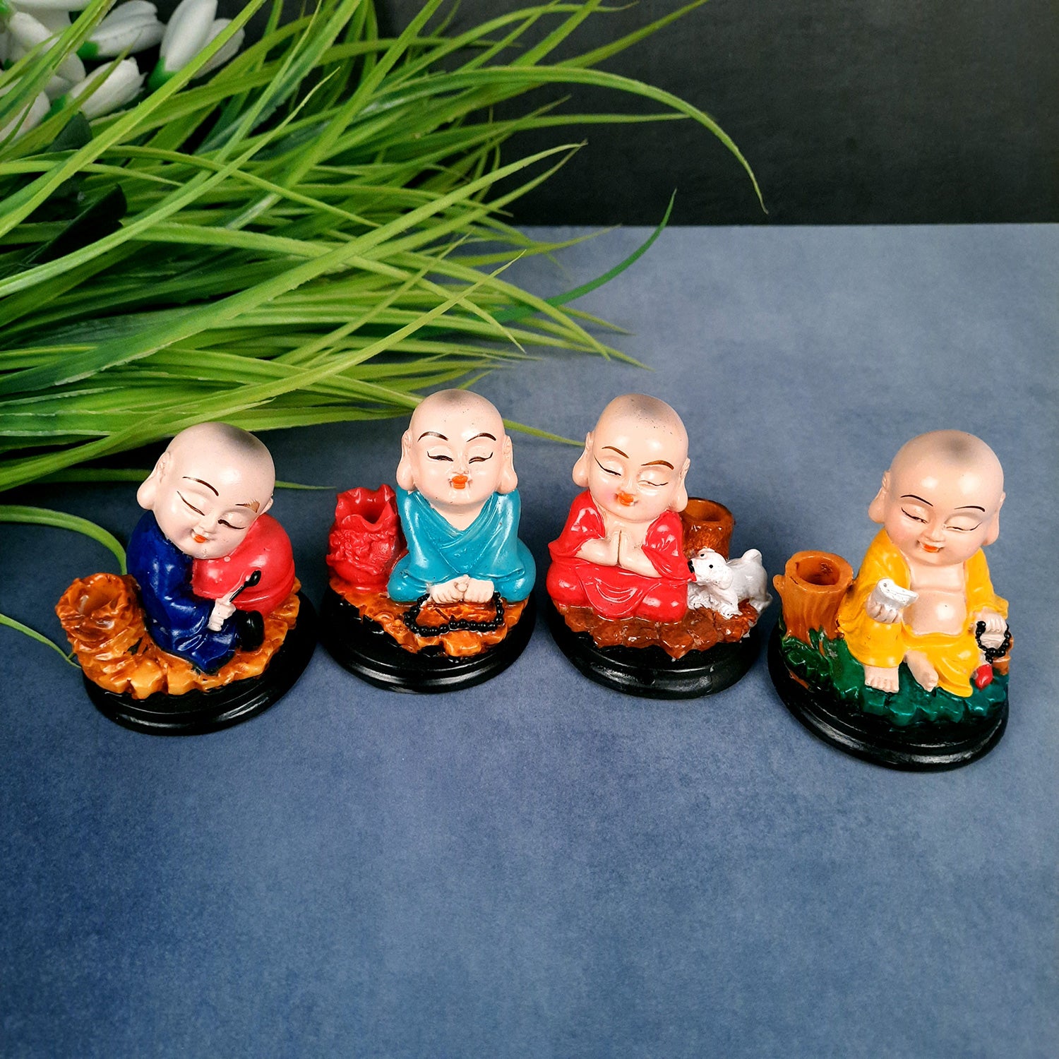 Buddha Baby Monk Showpiece | Feng Shui Decor - For Car Dashboard, Good Luck, Home, Table, Office Decor & Gift - 3 Inch (Set of 4) - Apkamart