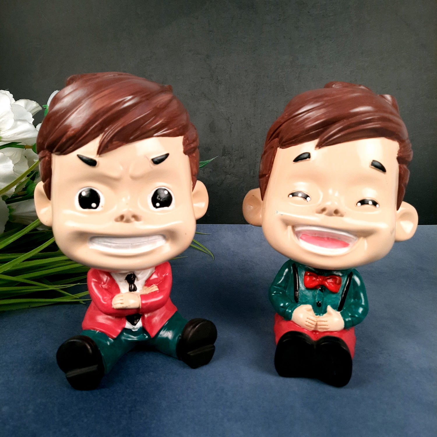 Two Boys Sitting Showpiece | Human Figurine | Cute Resin Showpiece - for Living Room, Home, Table Decor, Gift for Him - 8 Inch (Set of 2) - Apkamart