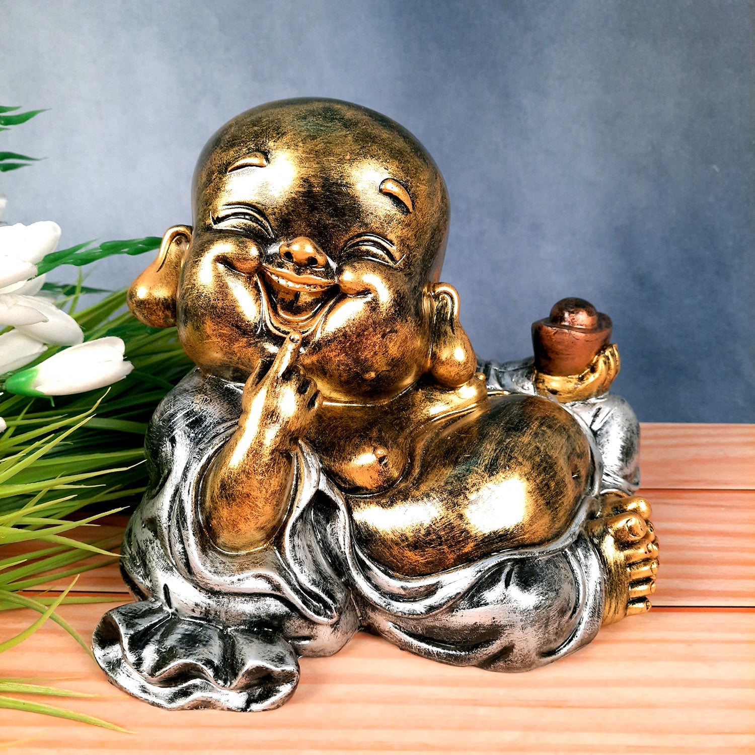 Laughing Buddha Showpiece With Money Bag | Feng Shui Rustic Baby Monk Statue - for Home & Table Decor, Health, Wealth & Gift - Apkamart