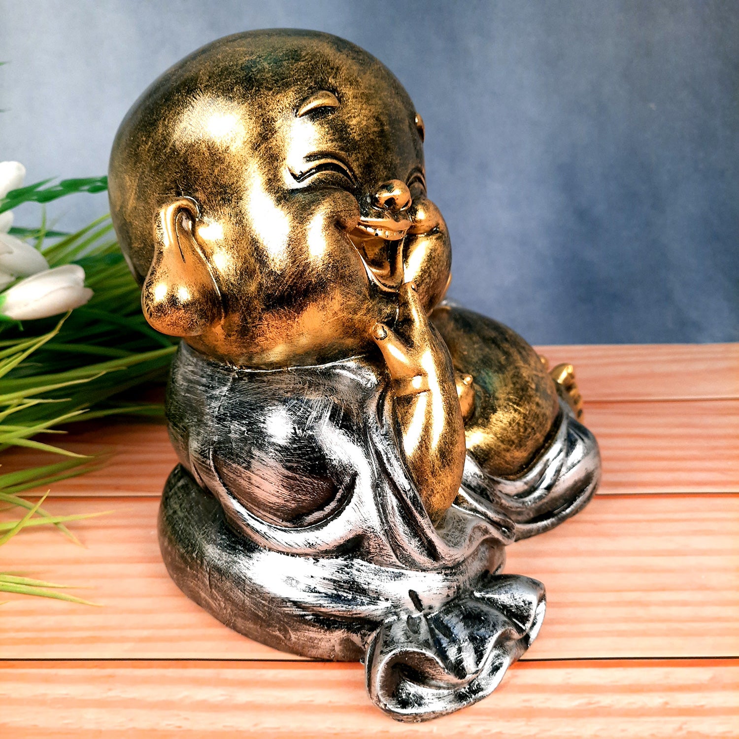 Laughing Buddha Showpiece With Money Bag | Feng Shui Rustic Baby Monk Statue - for Home & Table Decor, Health, Wealth & Gift - Apkamart