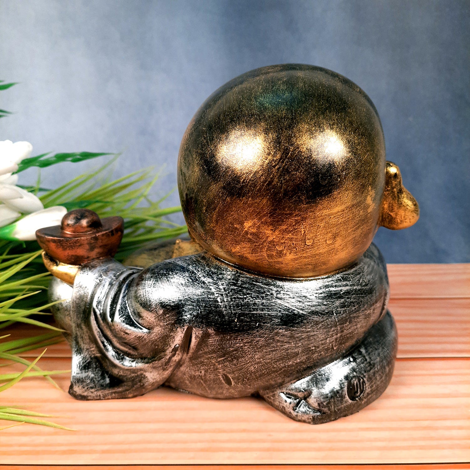 Laughing Buddha Showpiece With Money Bag | Feng Shui Rustic Baby Monk Statue - for Home & Table Decor, Health, Wealth & Gift - Apkamart