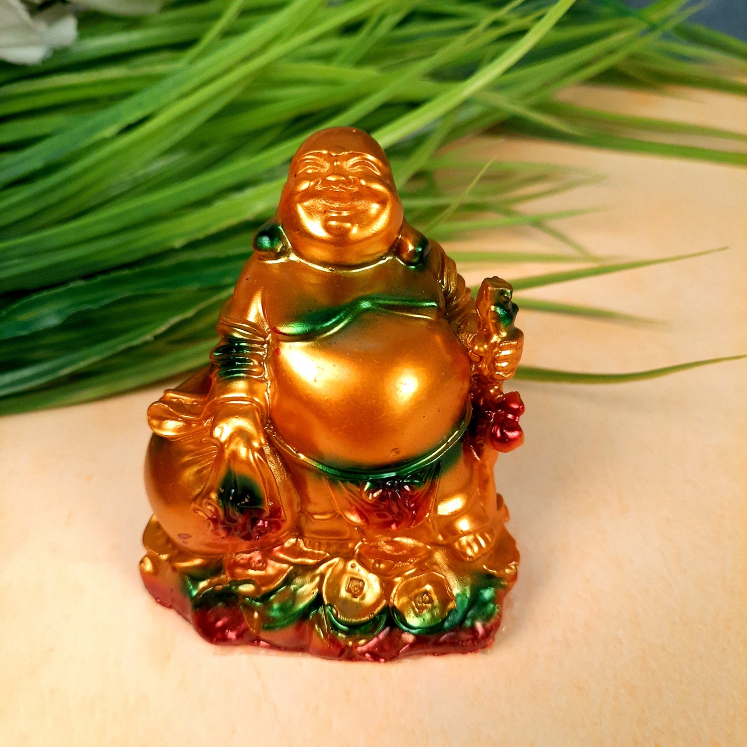 Laughing Buddha Showpiece With Money Bag | Feng Shui Baby Monk Small Statue - for Home & Table Decor, Health, Wealth & Gift - 3 Inch - Apkamart