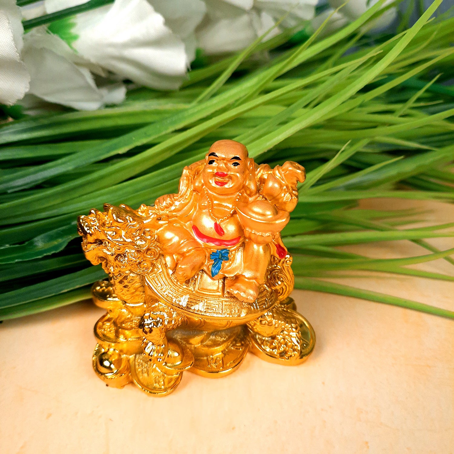 Laughing Buddha Showpiece With Money Bag | Laughing Buddha Sitting on Tortoise Small Showpiece - for Good Luck, Home & Table Decor, Wealth, Prosperity & Gift - 3 Inch
