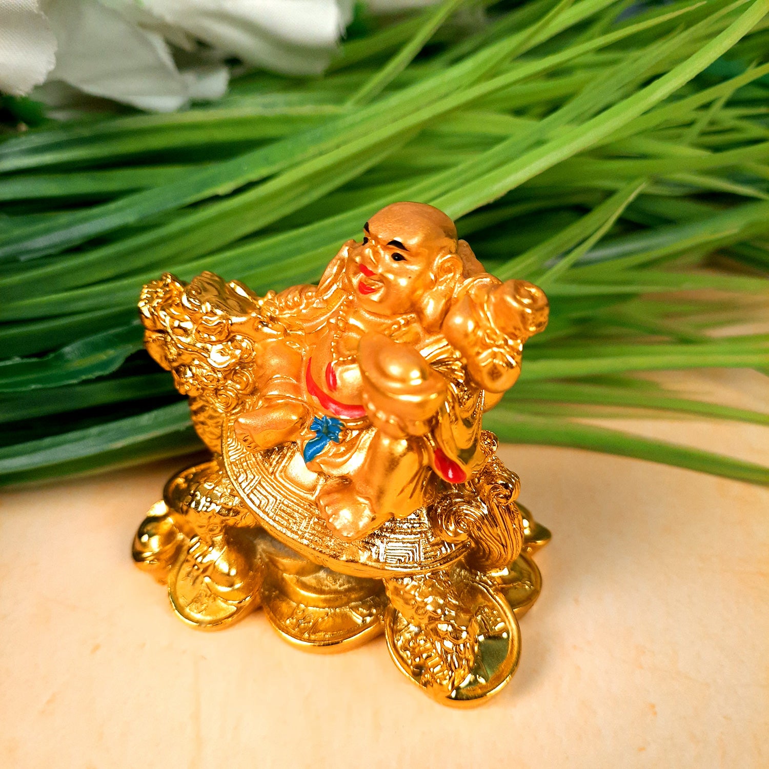 Laughing Buddha Showpiece With Money Bag | Laughing Buddha Sitting on Tortoise Small Showpiece - for Good Luck, Home & Table Decor, Wealth, Prosperity & Gift - 3 Inch