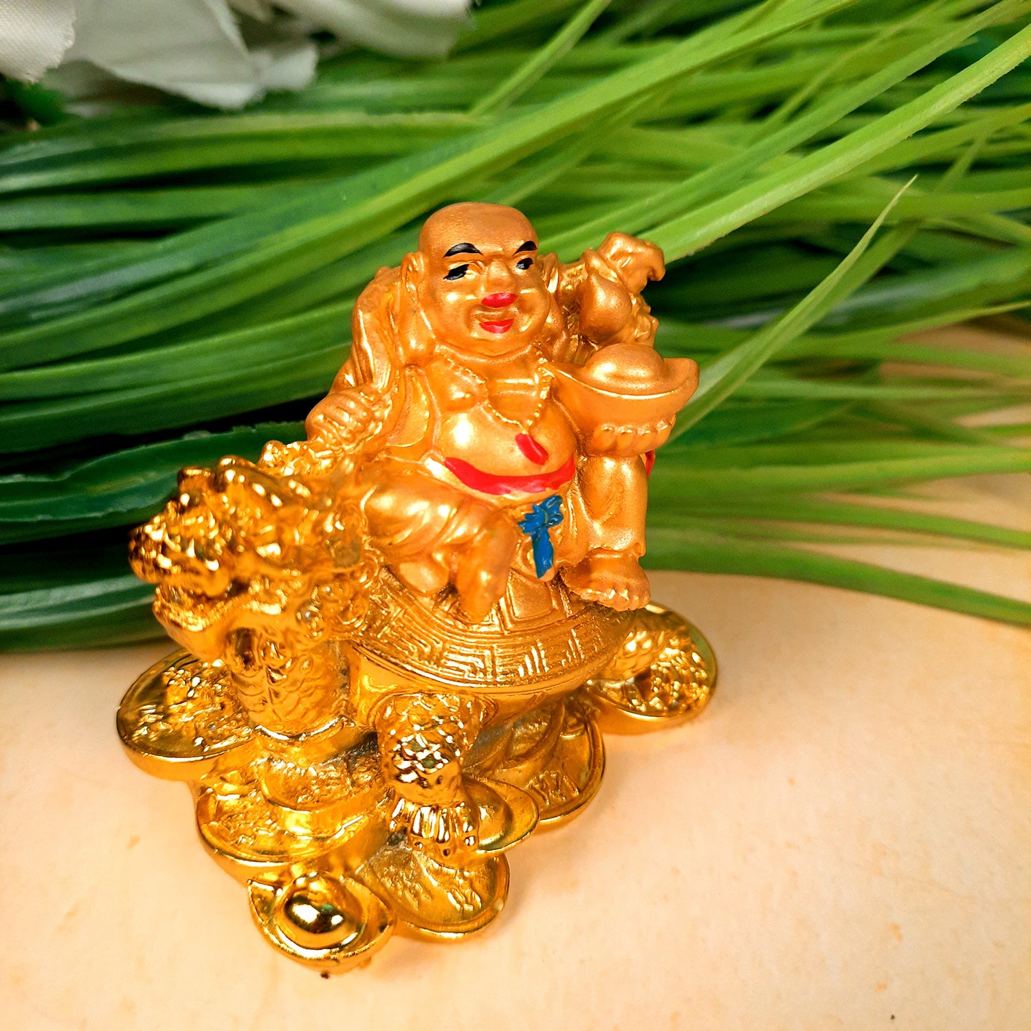 Laughing Buddha Showpiece With Money Bag | Laughing Buddha Sitting on Tortoise Small Showpiece - for Good Luck, Home & Table Decor, Wealth, Prosperity & Gift - 3 Inch