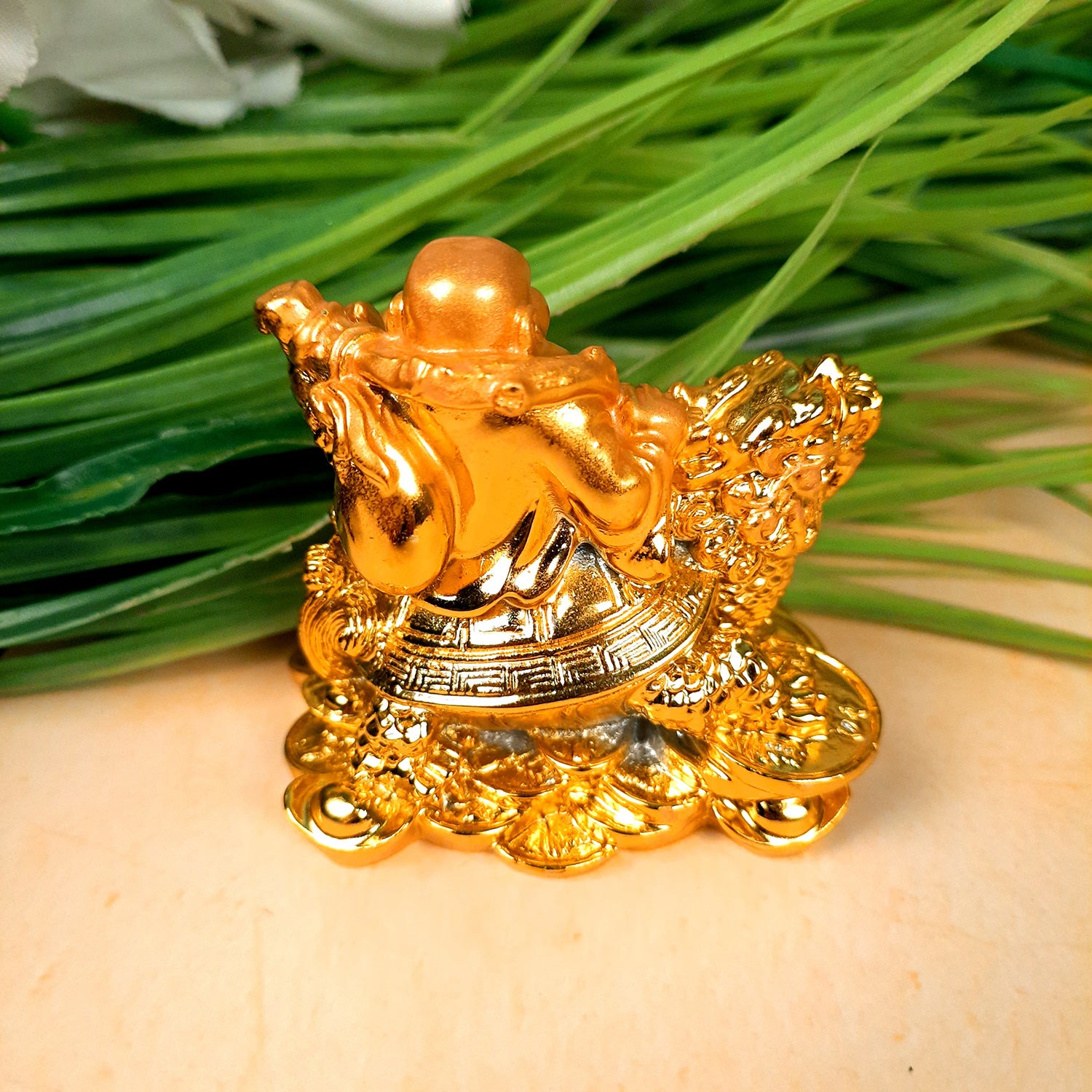 Laughing Buddha Showpiece With Money Bag | Laughing Buddha Sitting on Tortoise Small Showpiece - for Good Luck, Home & Table Decor, Wealth, Prosperity & Gift - 3 Inch