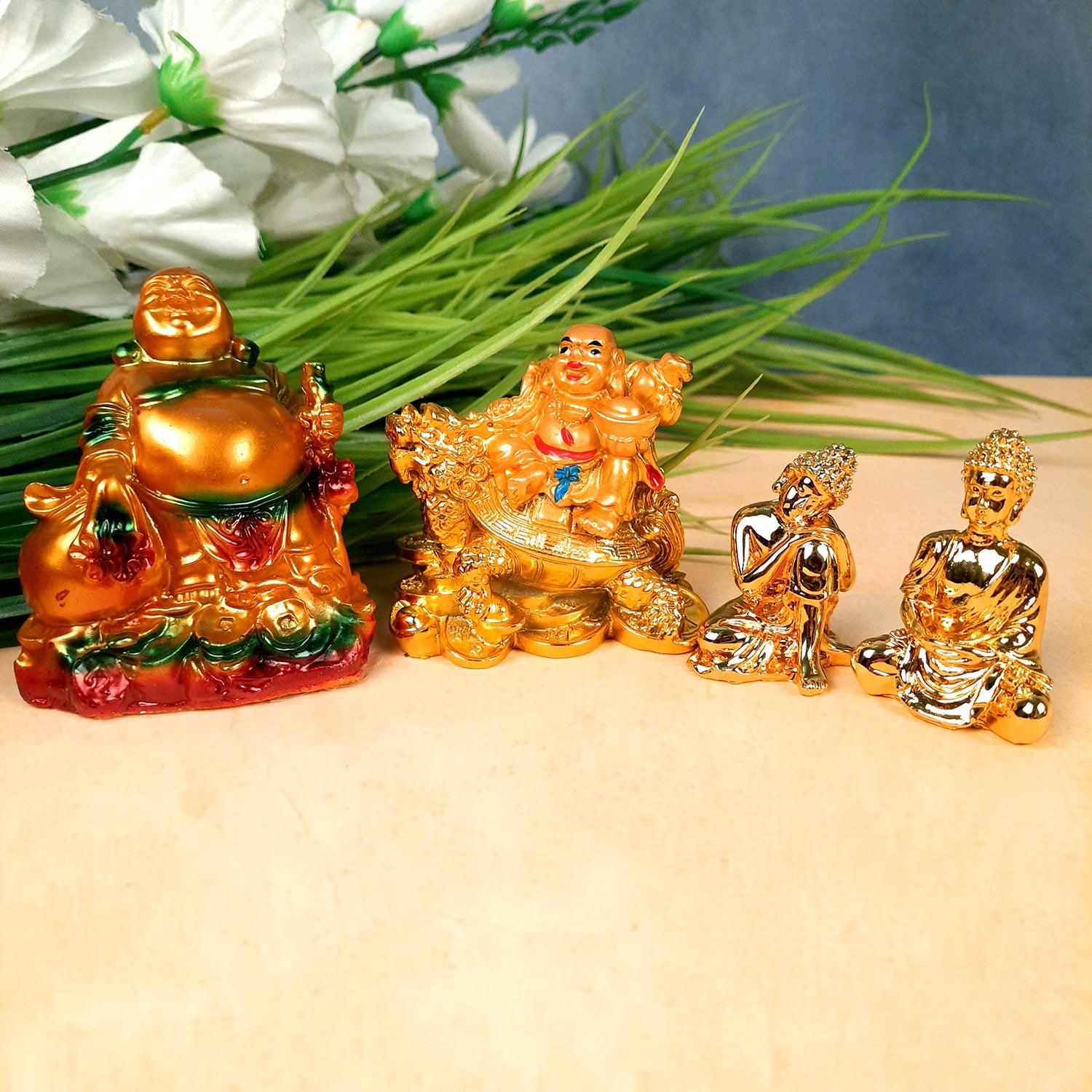 Decorative Laughing Buddha & Buddha Showpiece -for Good Luck, Home & Table Decor, Wealth, Prosperity & Gift (Set of 4)-Apkamart