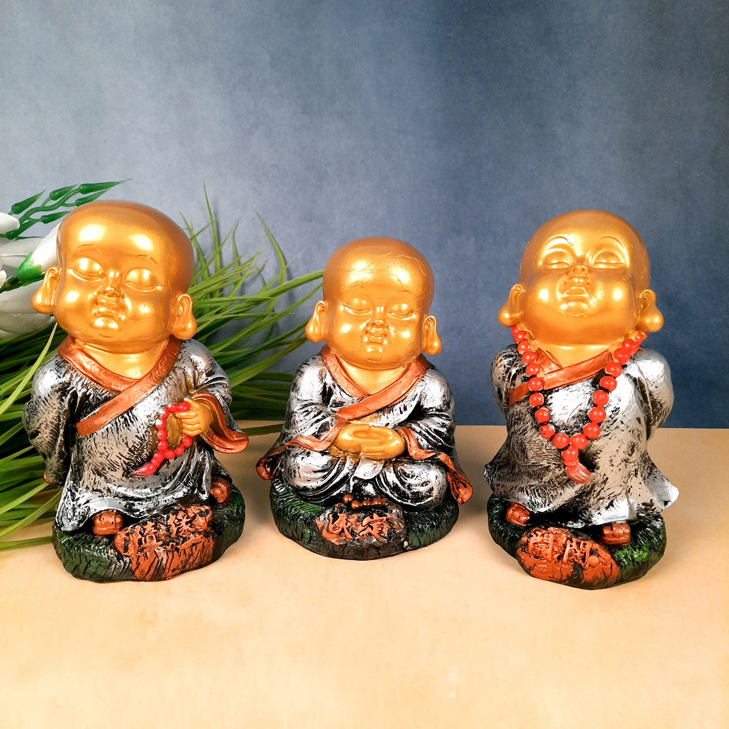 Buddha Baby Monk Showpiece | Feng Shui Child Monk Statue - for Home & Table Decor, Health, Wealth, Office Desk & Gift - Set of 3 -Apkamart