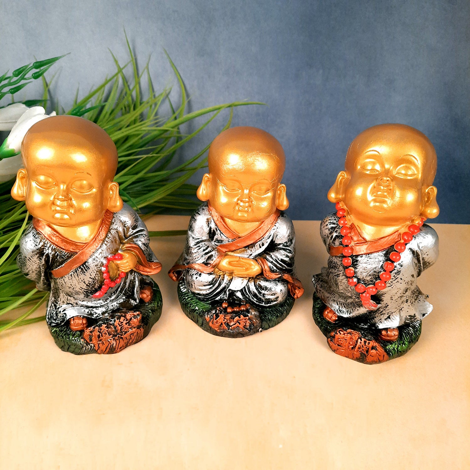Buddha Baby Monk Showpiece | Feng Shui Child Monk Statue - for Home & Table Decor, Health, Wealth, Office Desk & Gift - Set of 3 -Apkamart