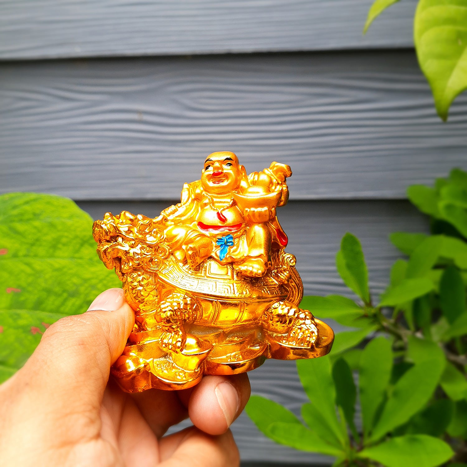 Laughing Buddha Showpiece With Money Bag | Laughing Buddha Sitting on Tortoise Small Showpiece - for Good Luck, Home & Table Decor, Wealth, Prosperity & Gift - 3 Inch