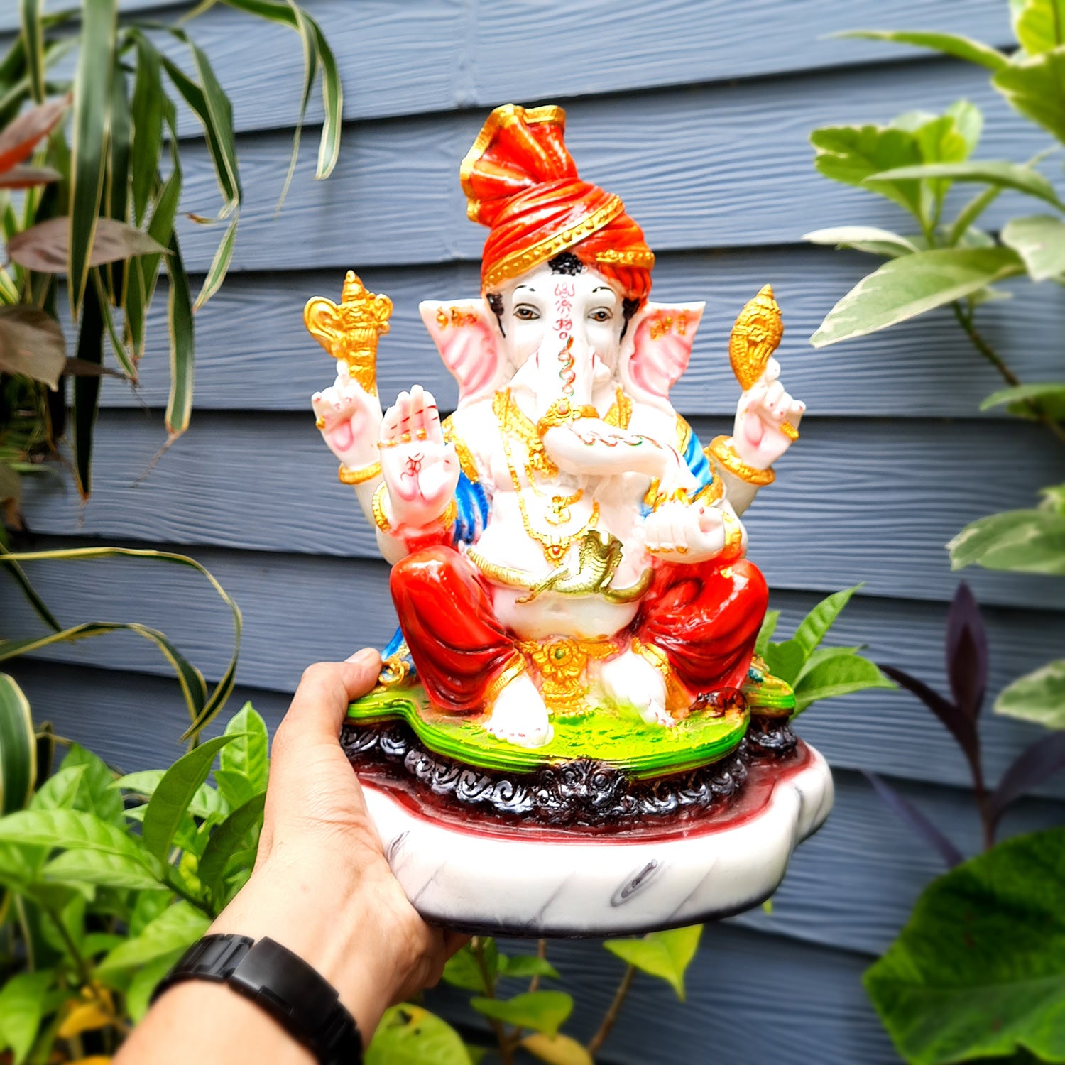 Ganesh Idol | Ganesha Statue Wearing Pagdi Design - for Pooja, Home & Table Decor | Ganpati Murti for Office Desk, Car Dashboard - 11 Inch - Apkamart