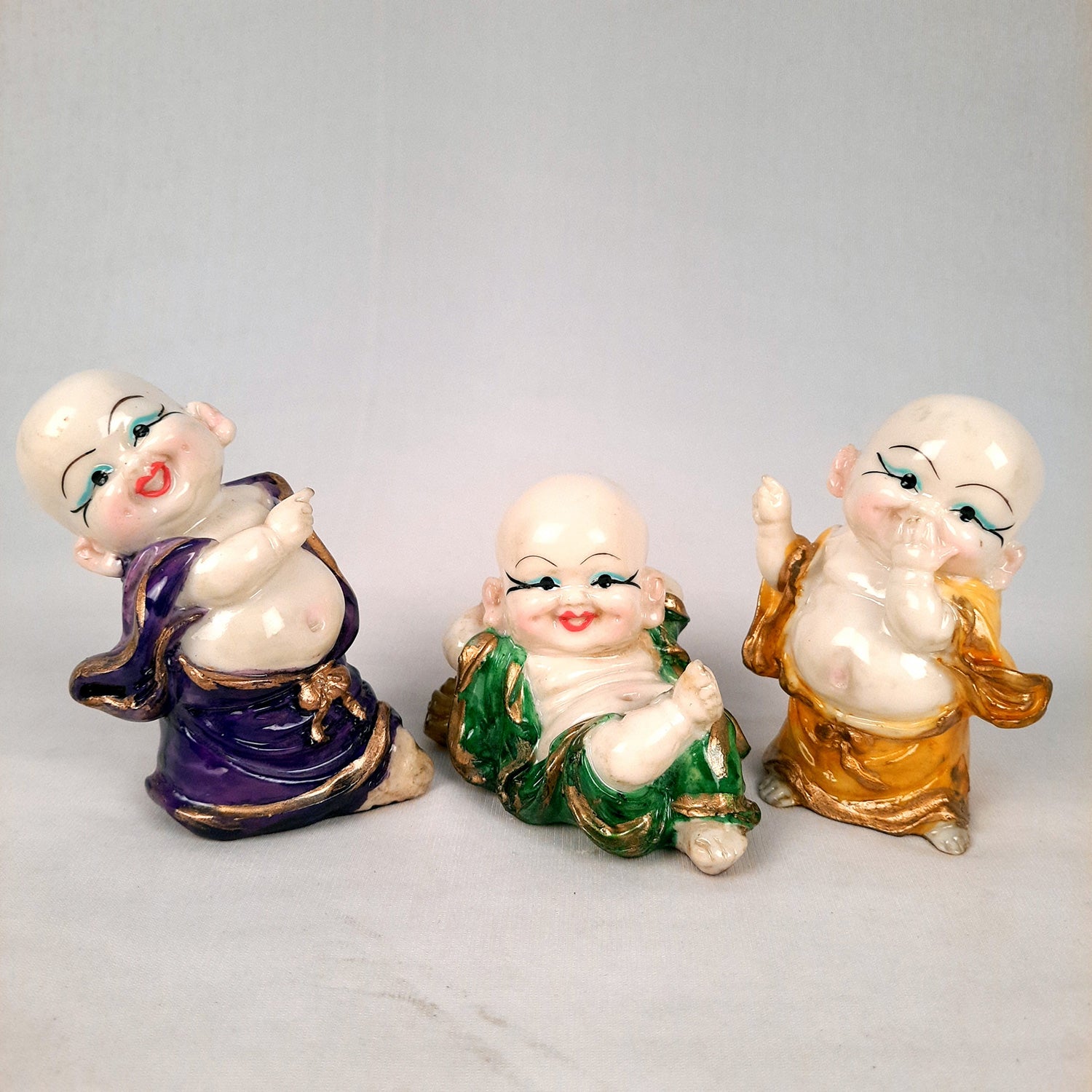 Baby Monk Showpiece Small Set | Child Monk Feng Shui Table Decor | Miniature Decor - For Good Luck, Home, Office Decor, Gift & Car Dashboard (Set of 3) - Apkamart