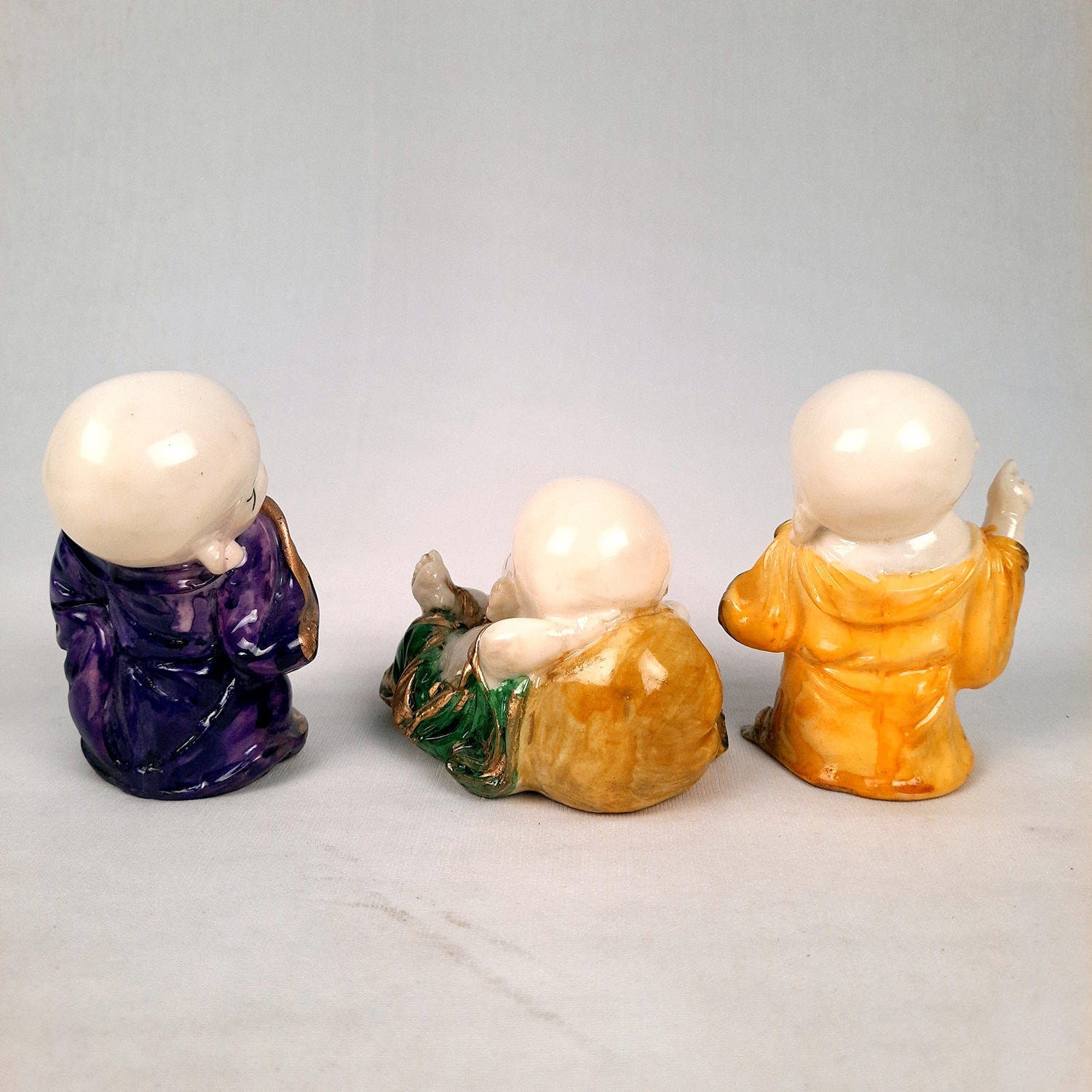 Baby Monk Showpiece Small Set | Child Monk Feng Shui Table Decor | Miniature Decor - For Good Luck, Home, Office Decor, Gift & Car Dashboard (Set of 3) - Apkamart