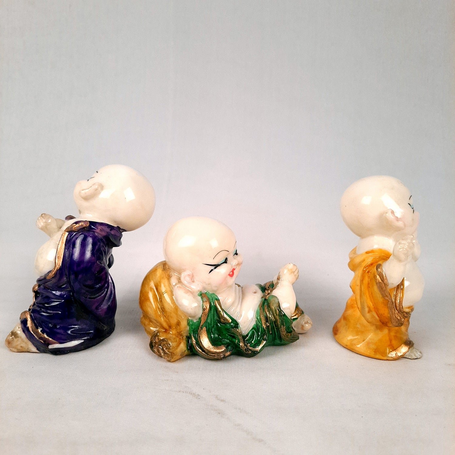 Baby Monk Showpiece Small Set | Child Monk Feng Shui Table Decor | Miniature Decor - For Good Luck, Home, Office Decor, Gift & Car Dashboard (Set of 3) - Apkamart
