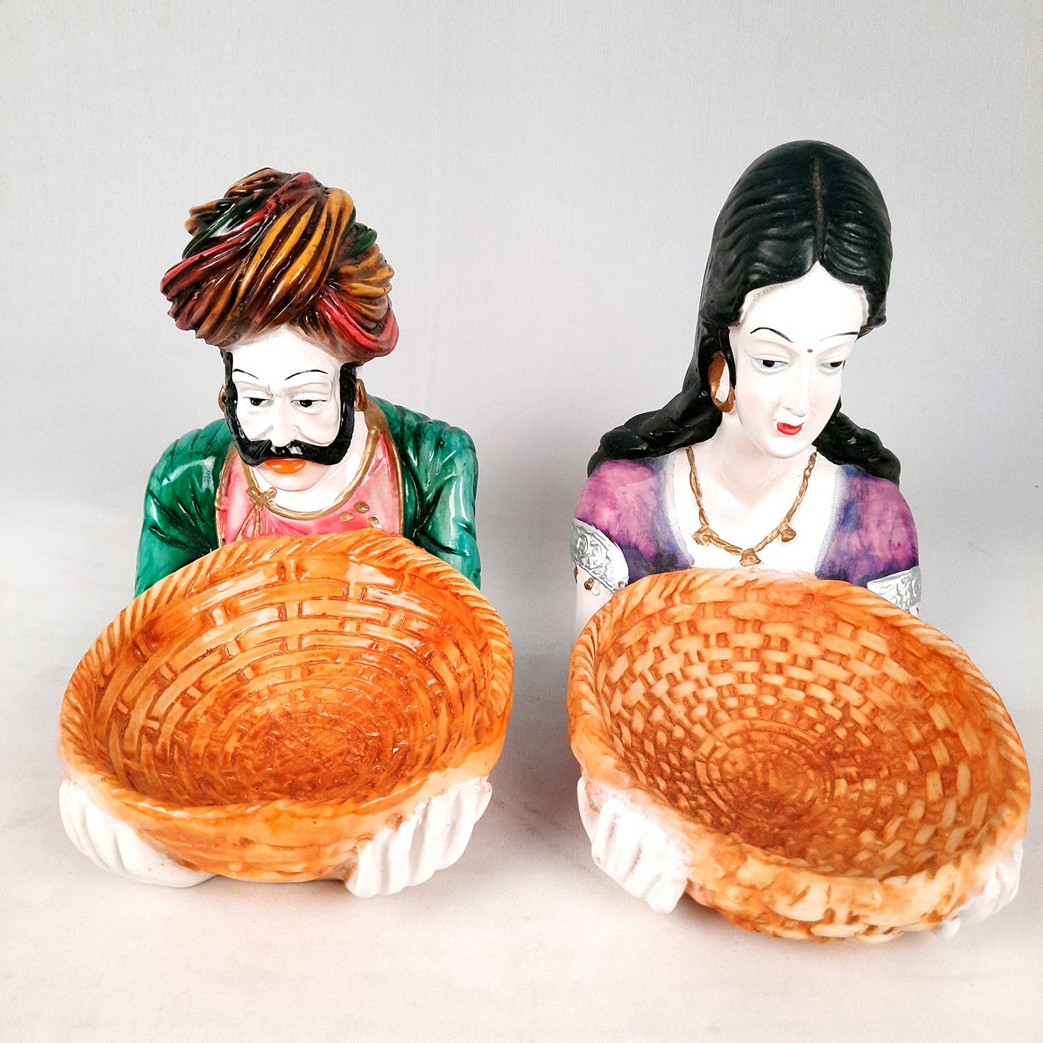Multipurpose Basket Cum Showpiece - Village Couple Holding Basket Design | Decorative Tokri Organizer - For Home, Table, Dining, Dressing, Kitchen Decor & Gift - 8 Inch (Set of 2) - Apkamart
