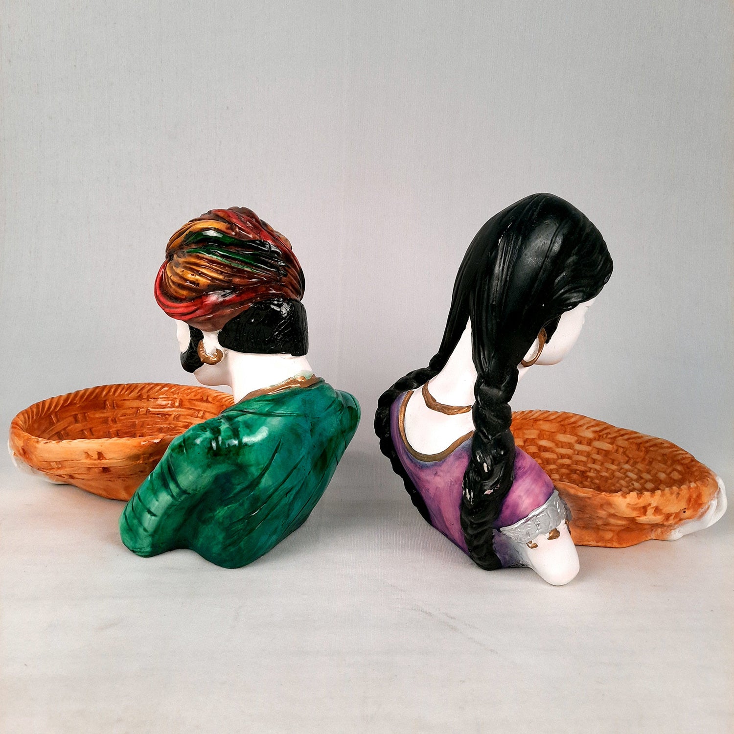 Multipurpose Basket Cum Showpiece - Village Couple Holding Basket Design | Decorative Tokri Organizer - For Home, Table, Dining, Dressing, Kitchen Decor & Gift - 8 Inch (Set of 2) - Apkamart