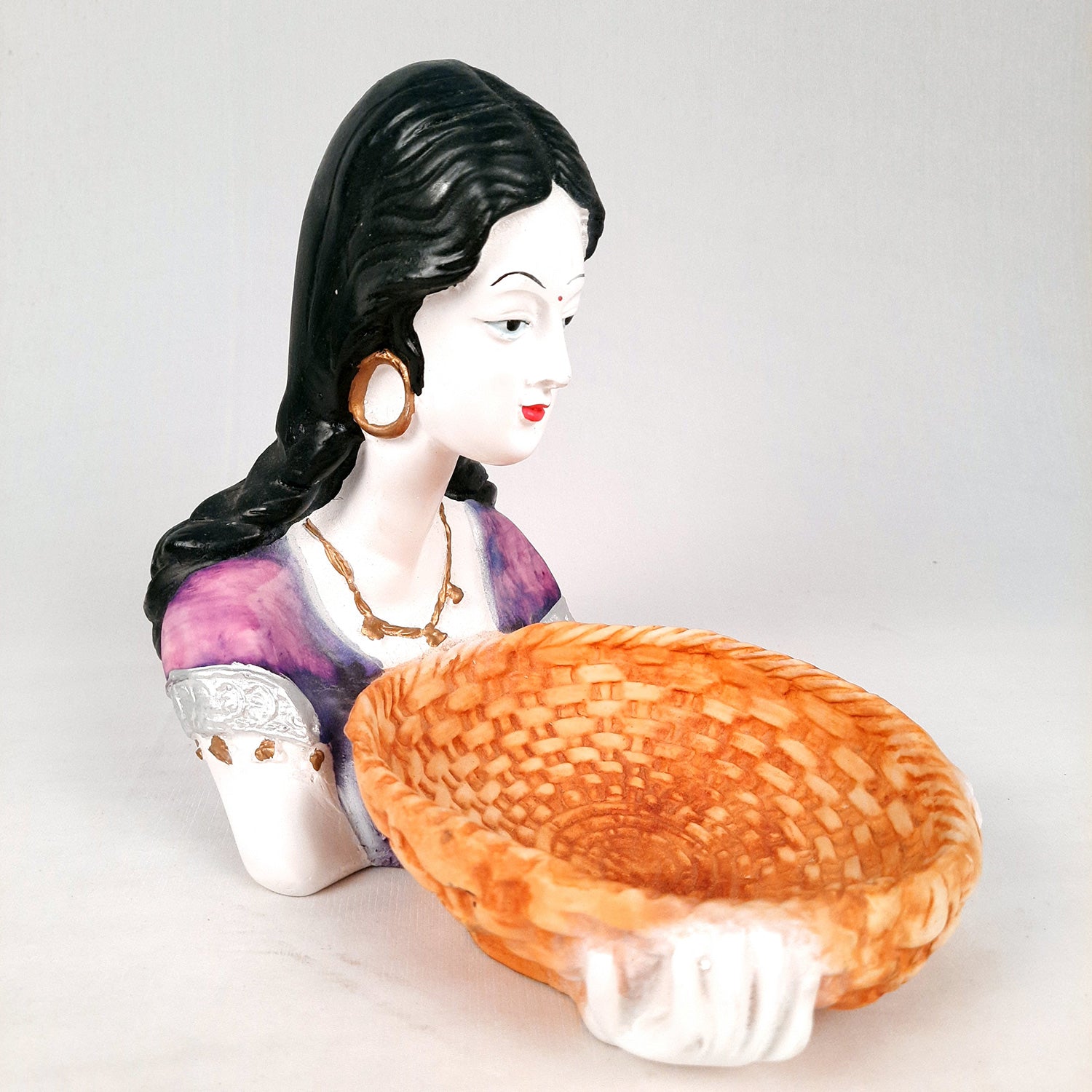 Multipurpose Basket Cum Showpiece - Village Couple Holding Basket Design | Decorative Tokri Organizer - For Home, Table, Dining, Dressing, Kitchen Decor & Gift - 8 Inch (Set of 2) - Apkamart