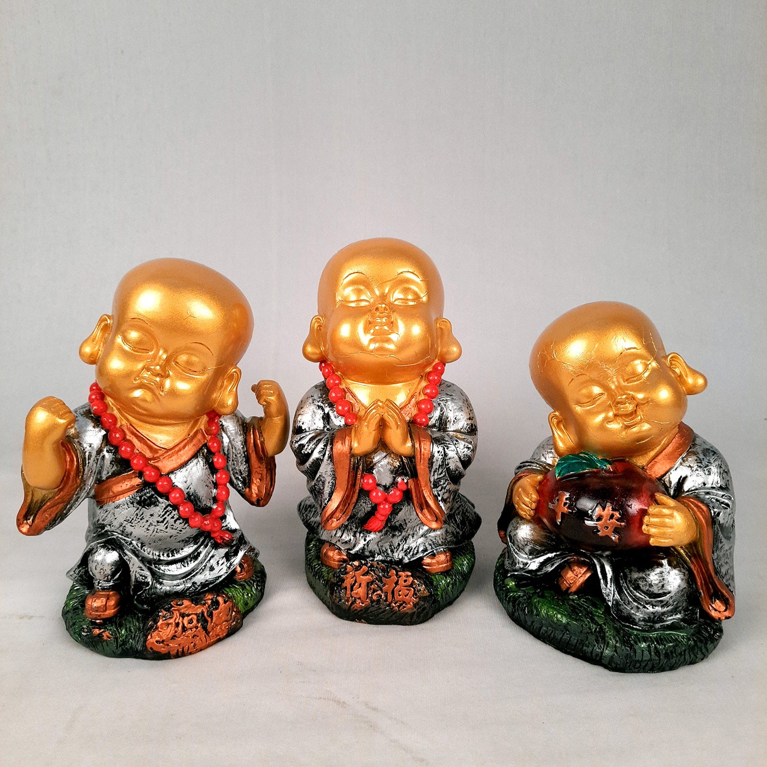 Buddha Baby Monk Showpiece Set | Child Monk Feng Shui Decor - For Good Luck, Home, Table, Office Decor, Garden & Gift - 5 Inch (Set of 3) - Apkamart