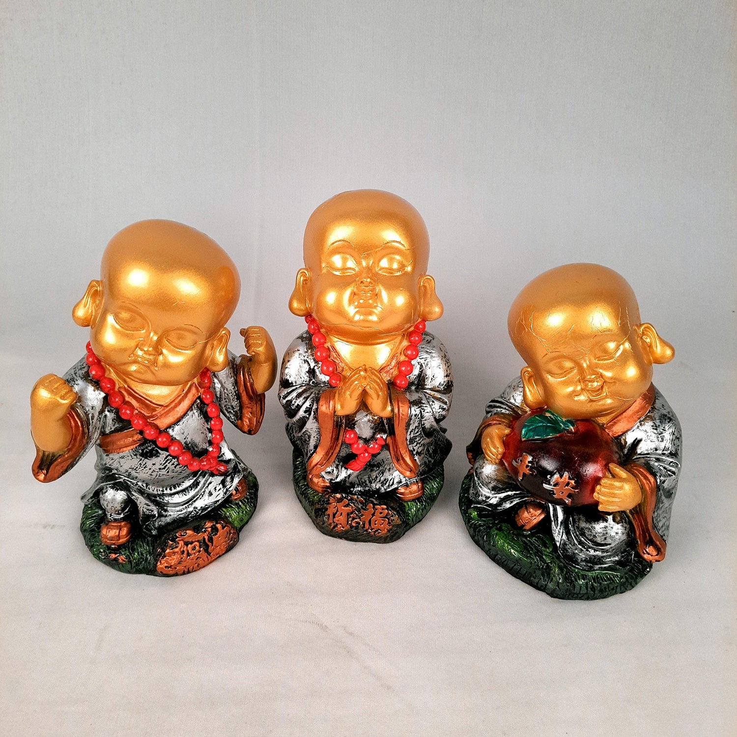 Buddha Baby Monk Showpiece Set | Child Monk Feng Shui Decor - For Good Luck, Home, Table, Office Decor, Garden & Gift - 5 Inch (Set of 3) - Apkamart