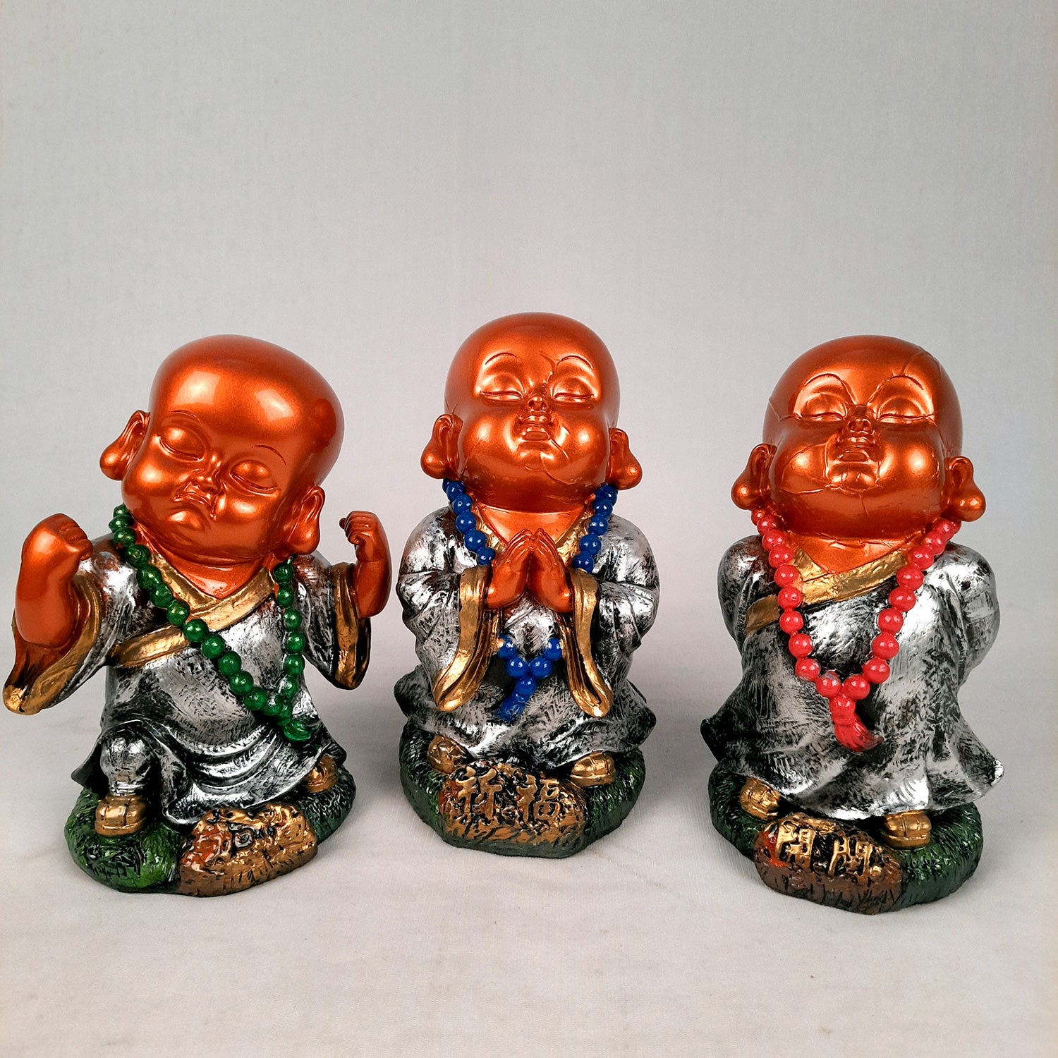 Baby Monk Showpiece Set | Buddha Feng Shui Decor - for Car Dashboard, Good Luck, Home, Table, Office Decor & Gift- 4 inch (Set of 3)- apkamart
