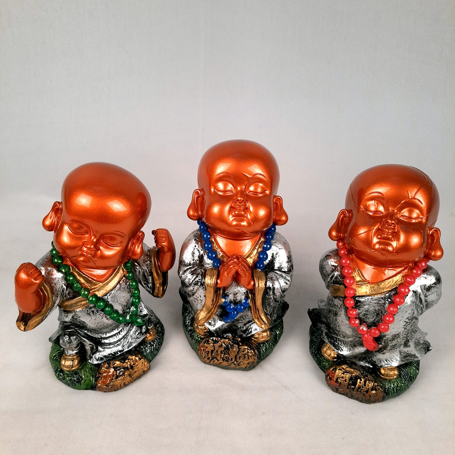 Baby Monk Showpiece Set | Buddha Feng Shui Decor - for Car Dashboard, Good Luck, Home, Table, Office Decor & Gift- 4 inch (Set of 3)- apkamart