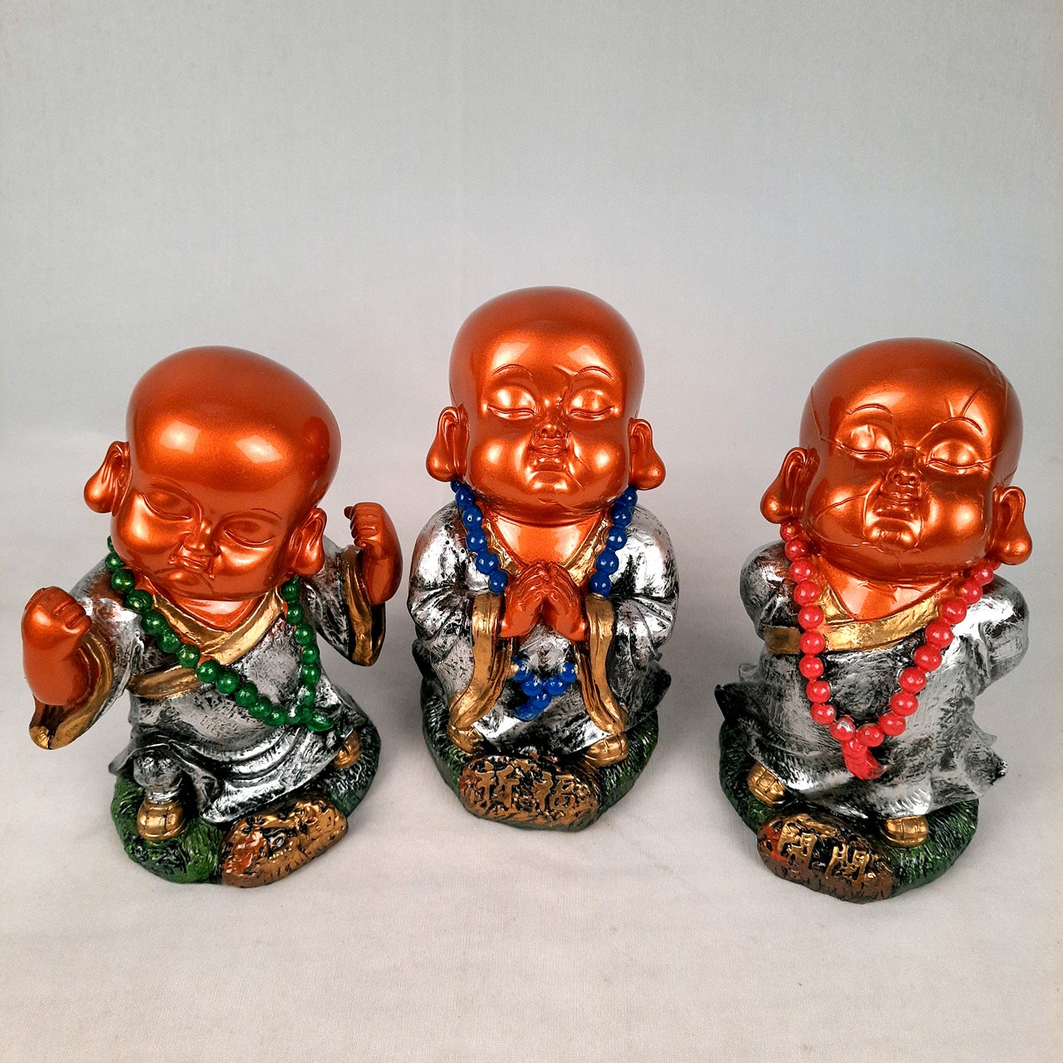 Baby Monk Showpiece Set | Buddha Feng Shui Decor - for Car Dashboard, Good Luck, Home, Table, Office Decor & Gift- 4 inch (Set of 3)- apkamart