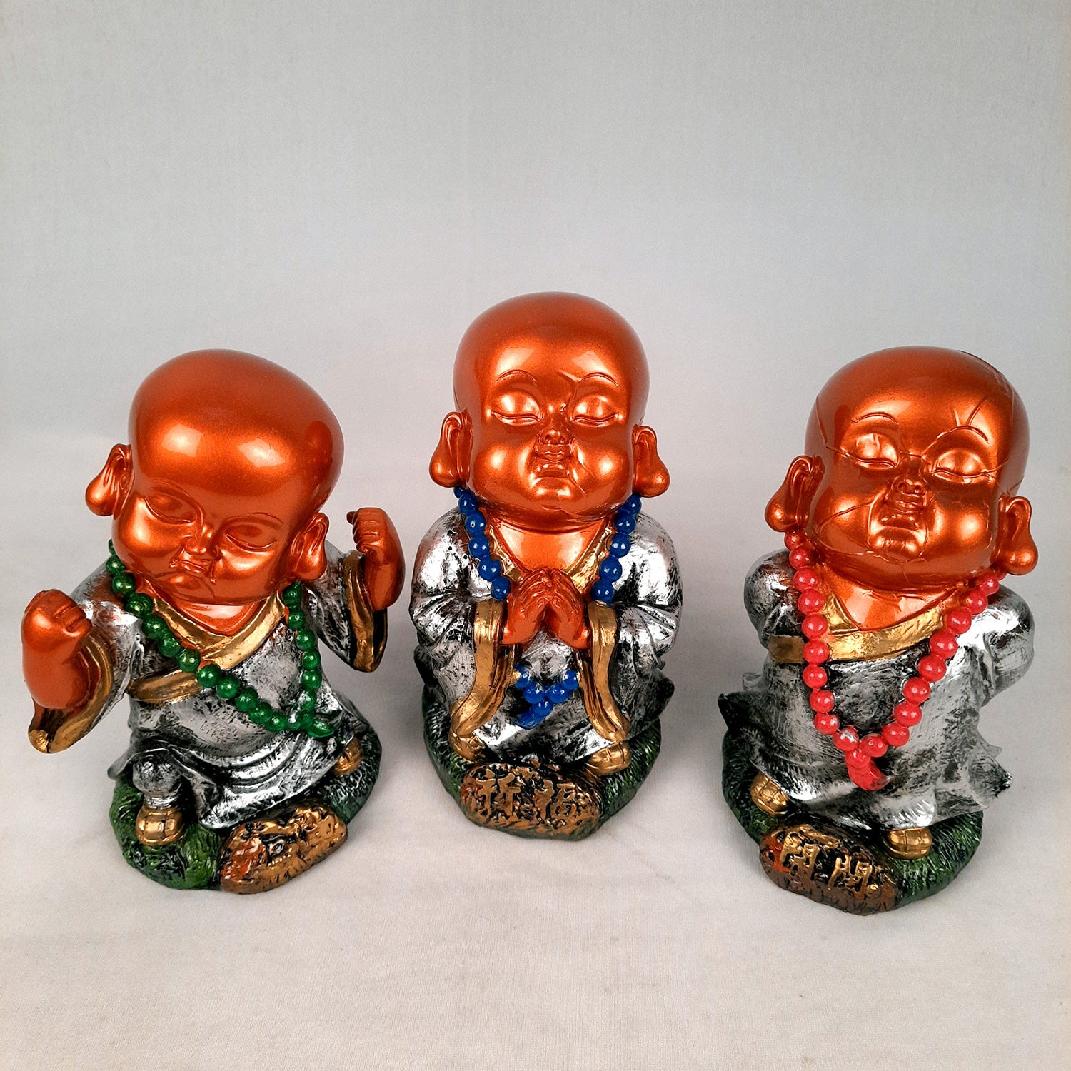 Baby Monk Showpiece Set | Buddha Feng Shui Decor - for Car Dashboard, Good Luck, Home, Table, Office Decor & Gift- 4 inch (Set of 3)- apkamart