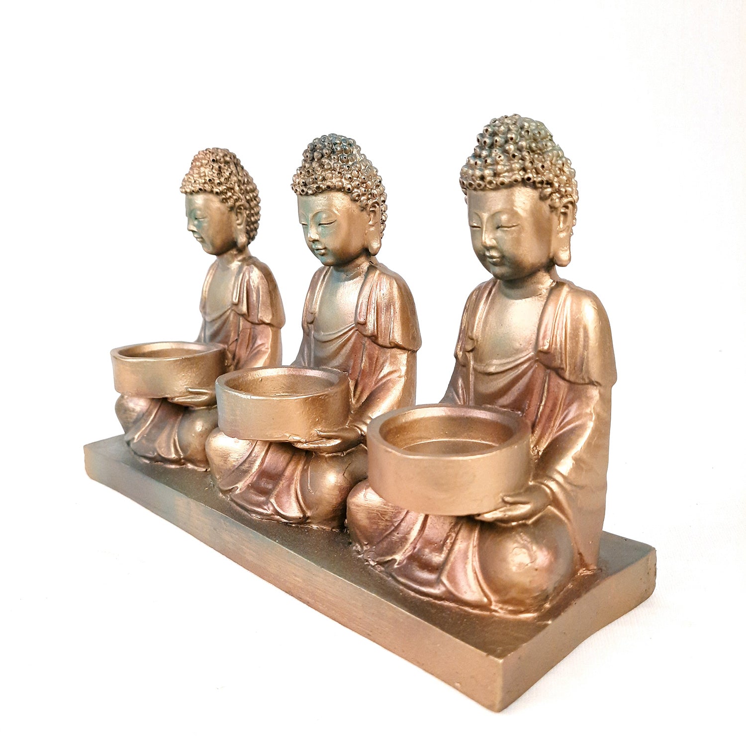 Buddha Showpiece Cum Tea Light Holder - 3 Buddha Sitting Design | T - Light Candle Stand - For Living Room, Table, Shelf Decor | Home Decorative Item - 9 Inch - Apkamart