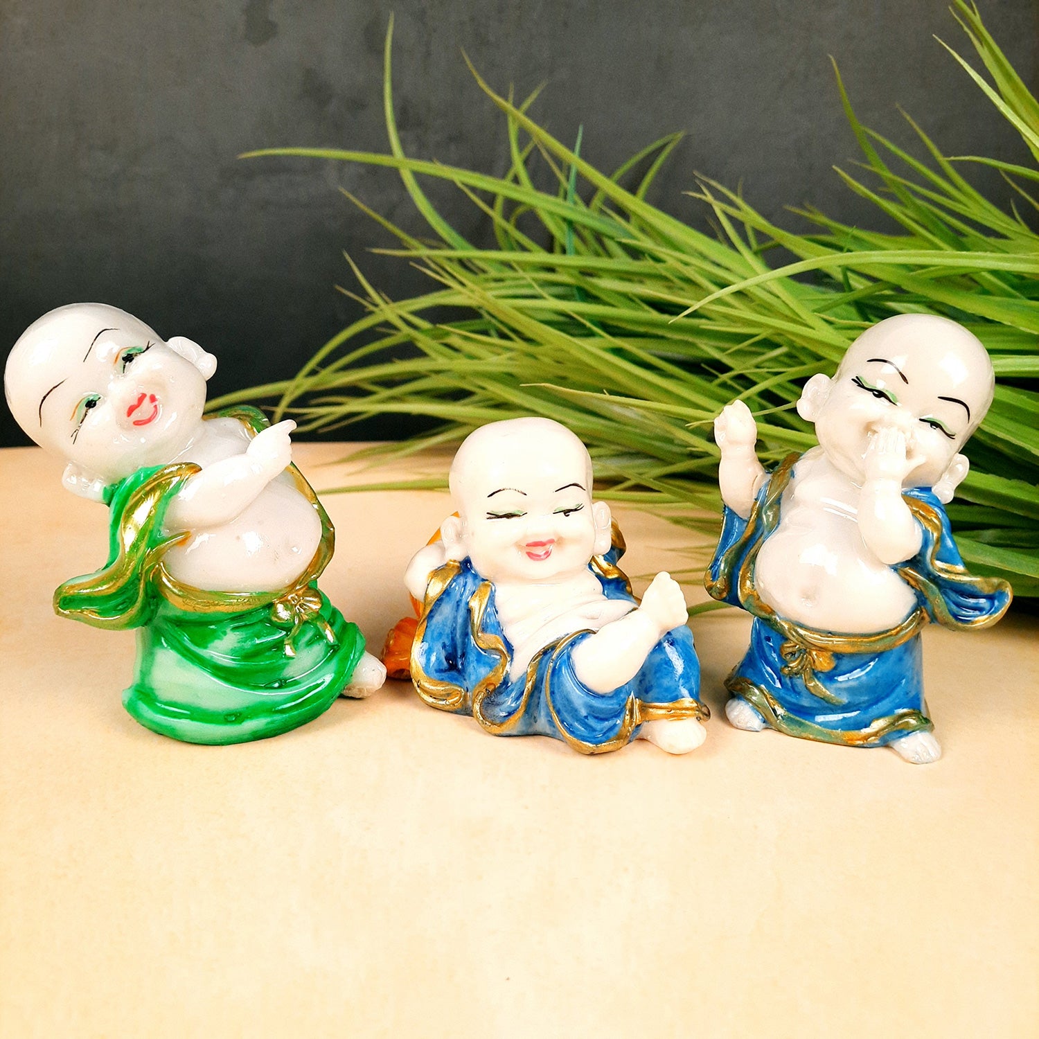Buddha Baby Monk Showpiece| Feng Shui Decor - for Car Dashboard, Good Luck, Home, Table, Office Decor & Gift- 4 inch (Set of 3)- Apkamart