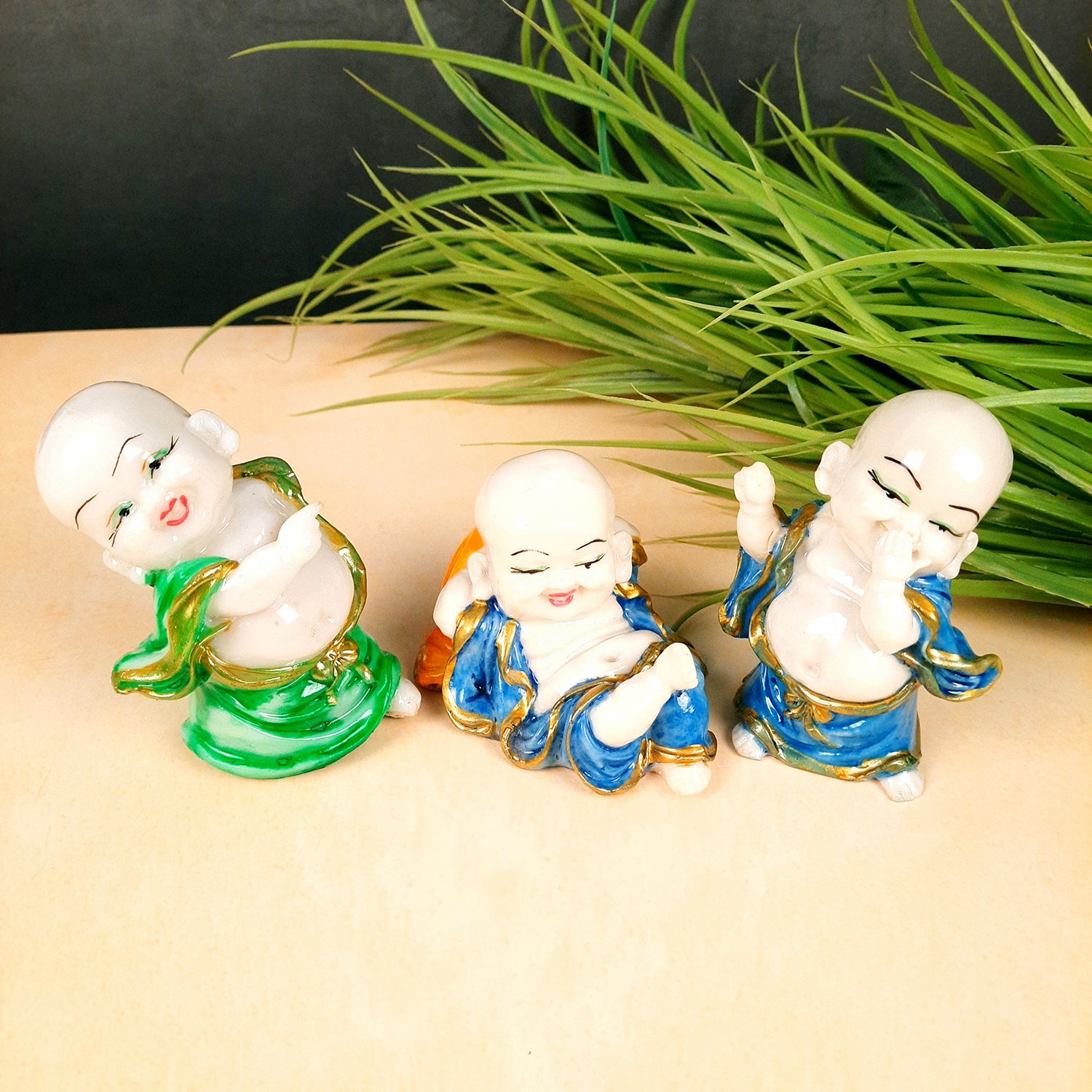 Buddha Baby Monk Showpiece| Feng Shui Decor - for Car Dashboard, Good Luck, Home, Table, Office Decor & Gift- 4 inch (Set of 3)- Apkamart