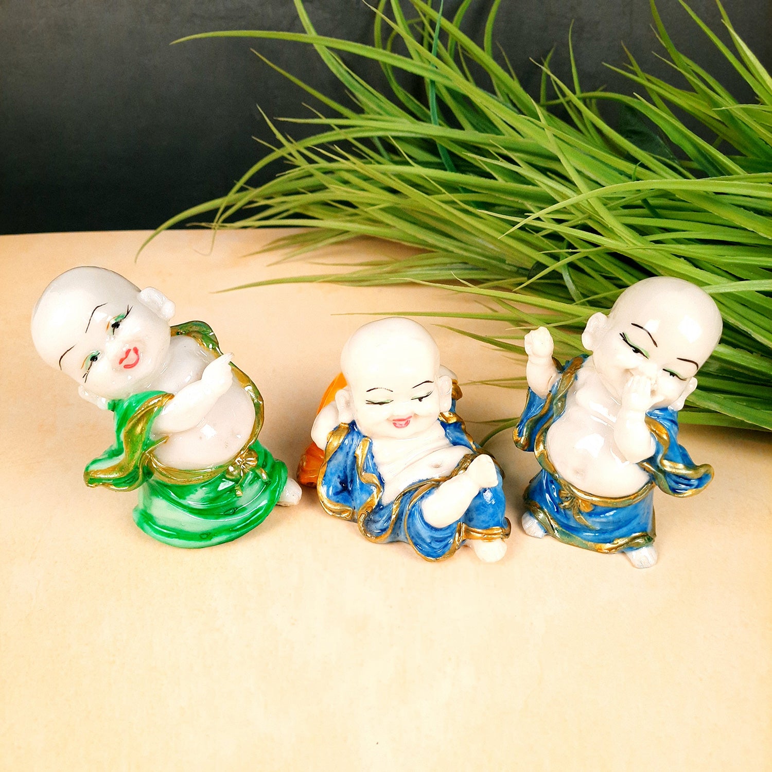 Buddha Baby Monk Showpiece| Feng Shui Decor - for Car Dashboard, Good Luck, Home, Table, Office Decor & Gift- 4 inch (Set of 3)- Apkamart