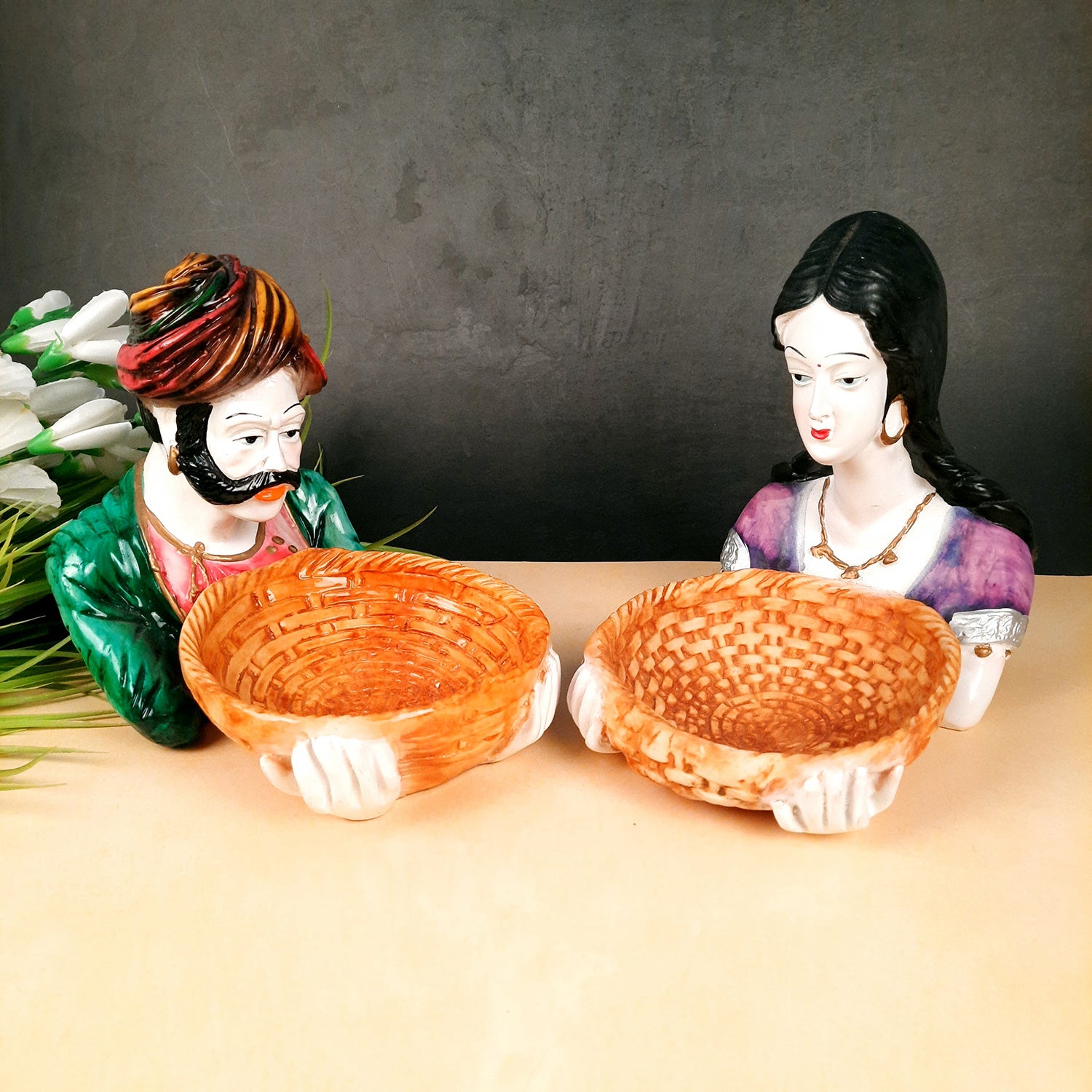 Multipurpose Basket Cum Showpiece - Village Couple Holding Basket Design | Decorative Tokri Organizer - For Home, Table, Dining, Dressing, Kitchen Decor & Gift - 8 Inch (Set of 2) - Apkamart