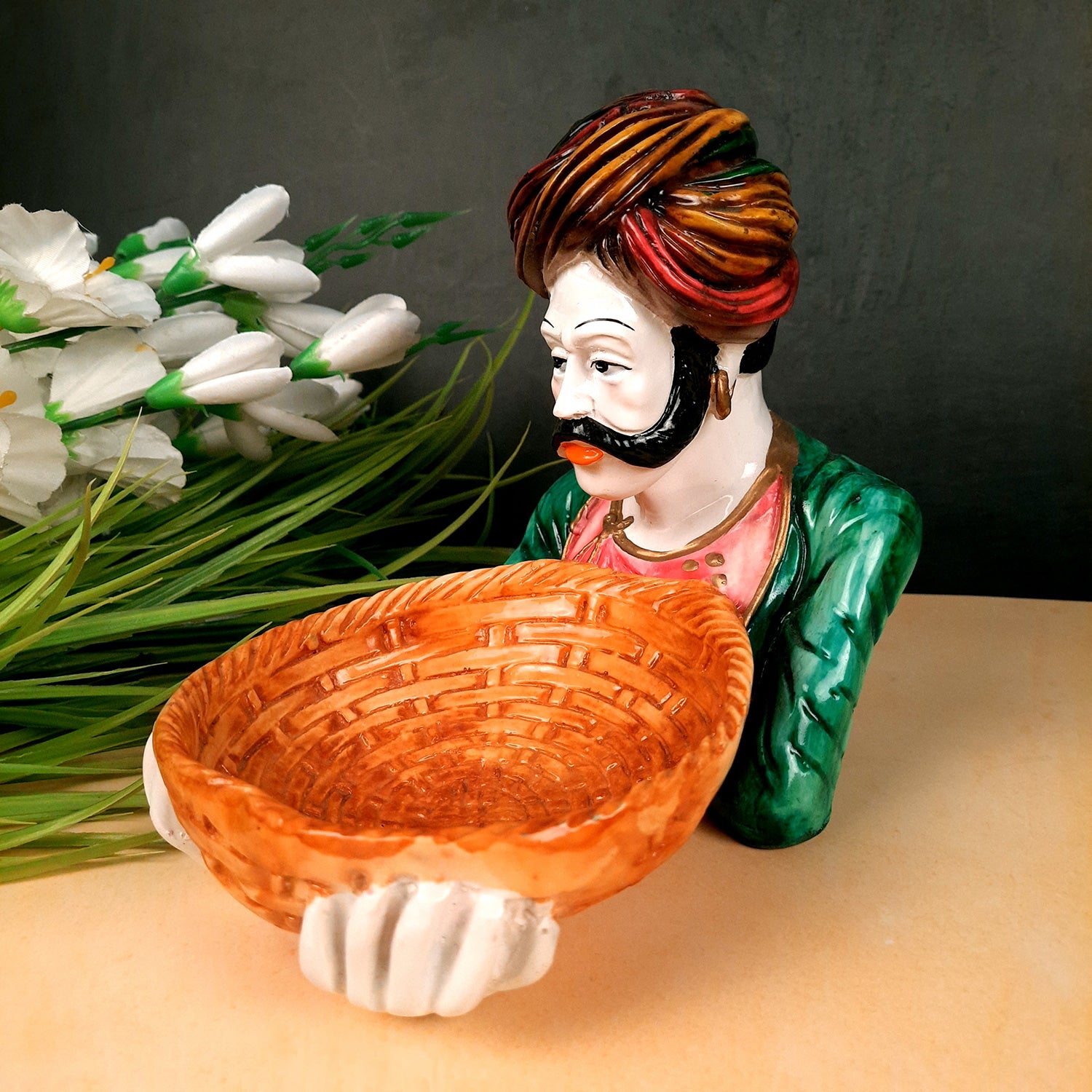 Multipurpose Basket Cum Showpiece - Village Couple Holding Basket Design | Decorative Tokri Organizer - For Home, Table, Dining, Dressing, Kitchen Decor & Gift - 8 Inch (Set of 2) - Apkamart