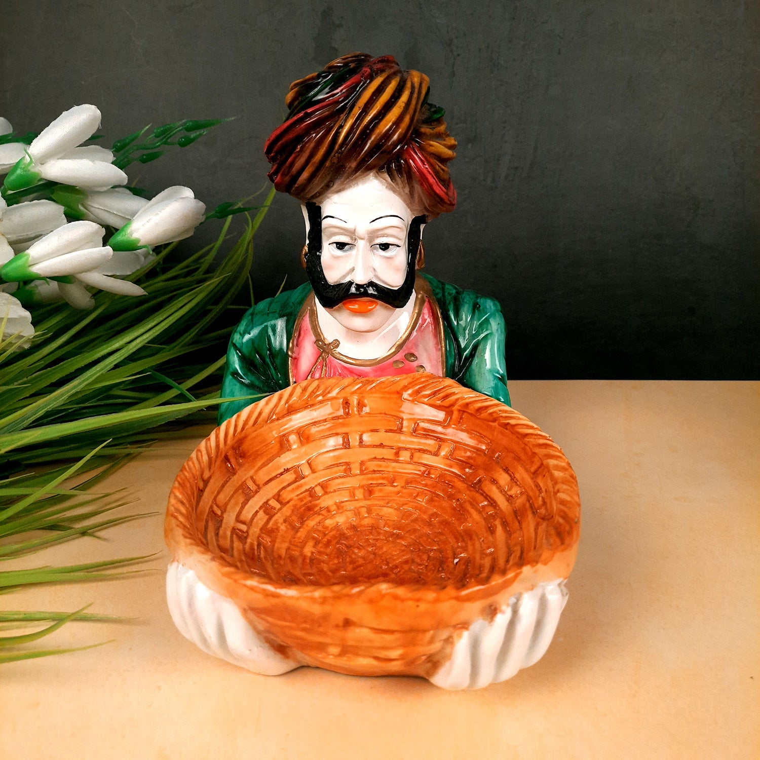 Multipurpose Basket Cum Showpiece - Village Couple Holding Basket Design | Decorative Tokri Organizer - For Home, Table, Dining, Dressing, Kitchen Decor & Gift - 8 Inch (Set of 2) - Apkamart