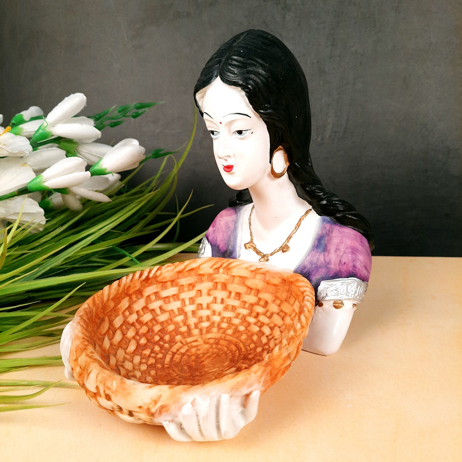 Multipurpose Basket Cum Showpiece - Village Couple Holding Basket Design | Decorative Tokri Organizer - For Home, Table, Dining, Dressing, Kitchen Decor & Gift - 8 Inch (Set of 2) - Apkamart